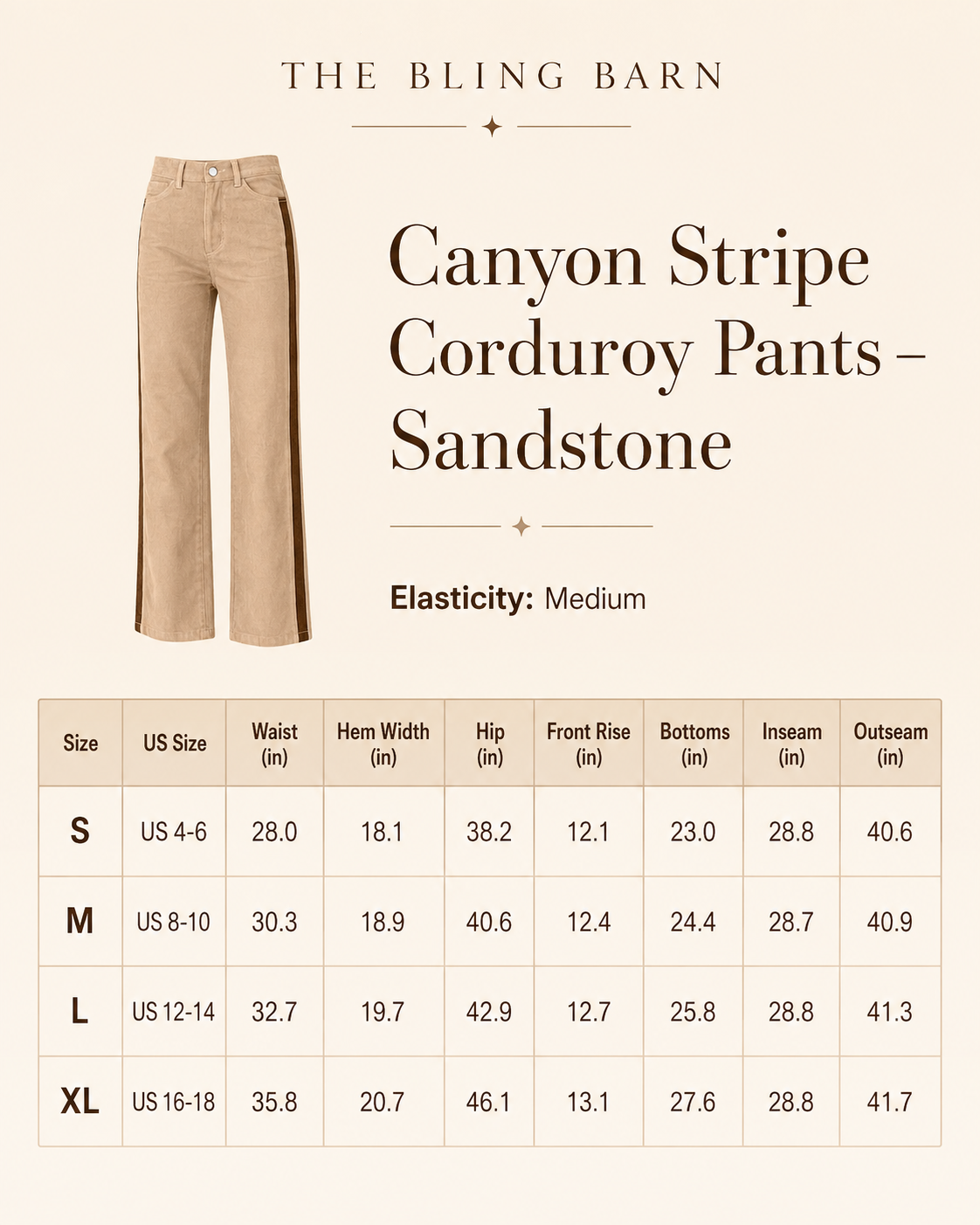 Canyon Stripe Corduroy Pants size chart showing measurements for sizes S through XL with medium-stretch fit details.