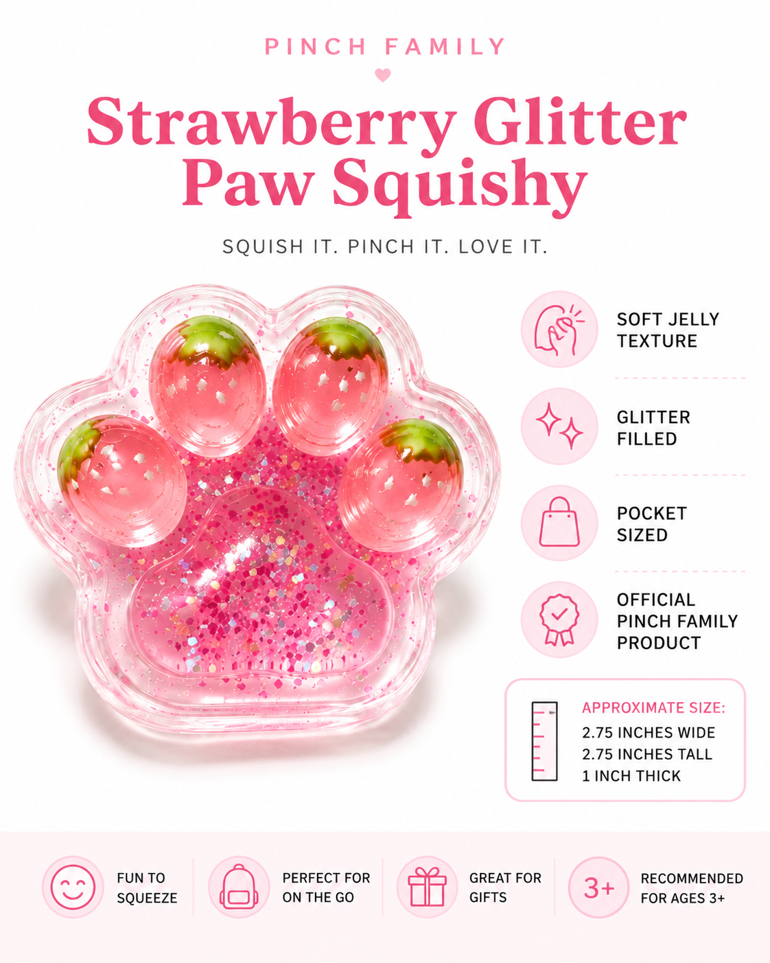 Pinch Family Strawberry Glitter Paw Squishy