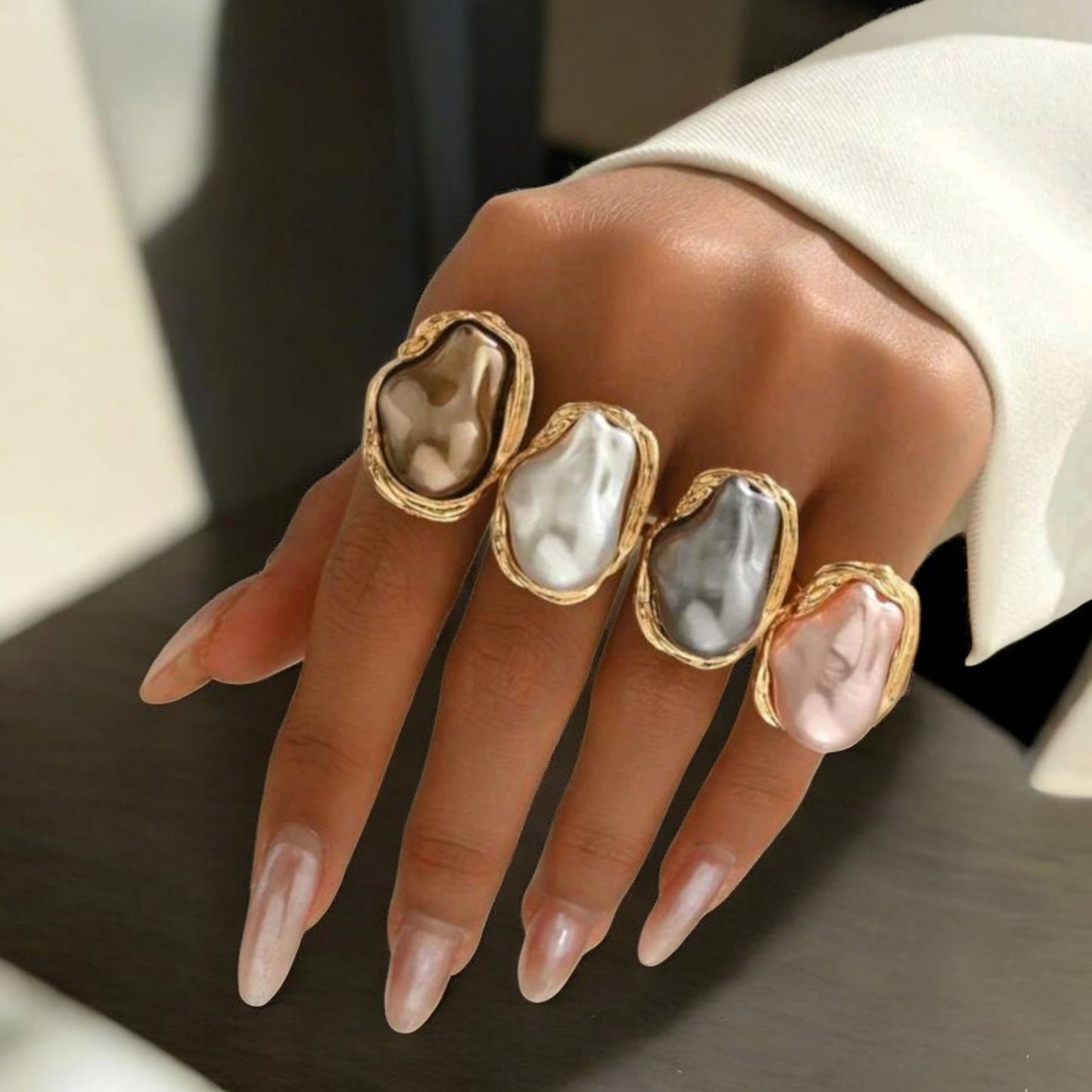 Uneven Statements Adjustable Faux Pearl Fashion Ring