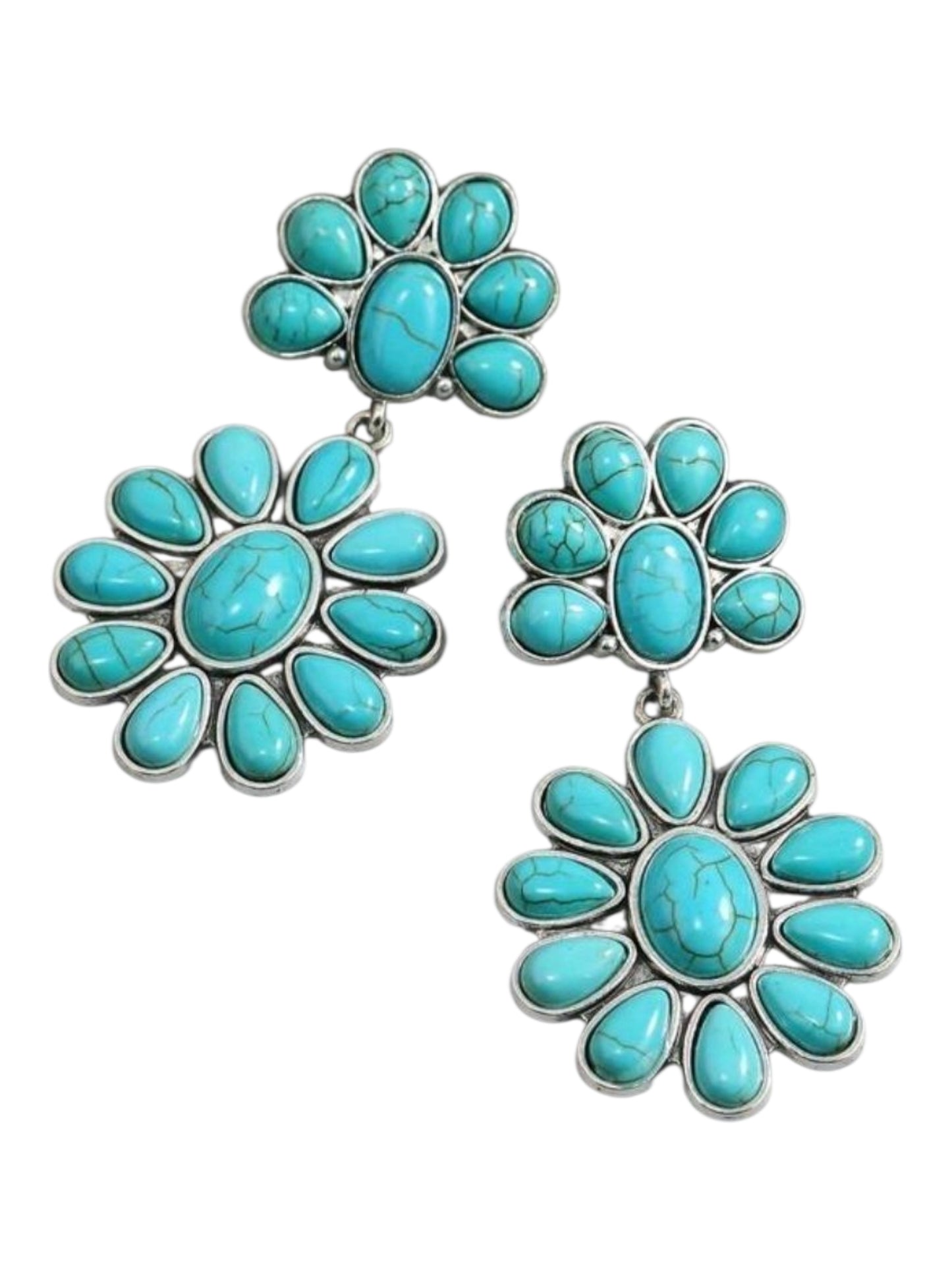 Double Daisy Drop Earrings — Turquoise & Silver Tones