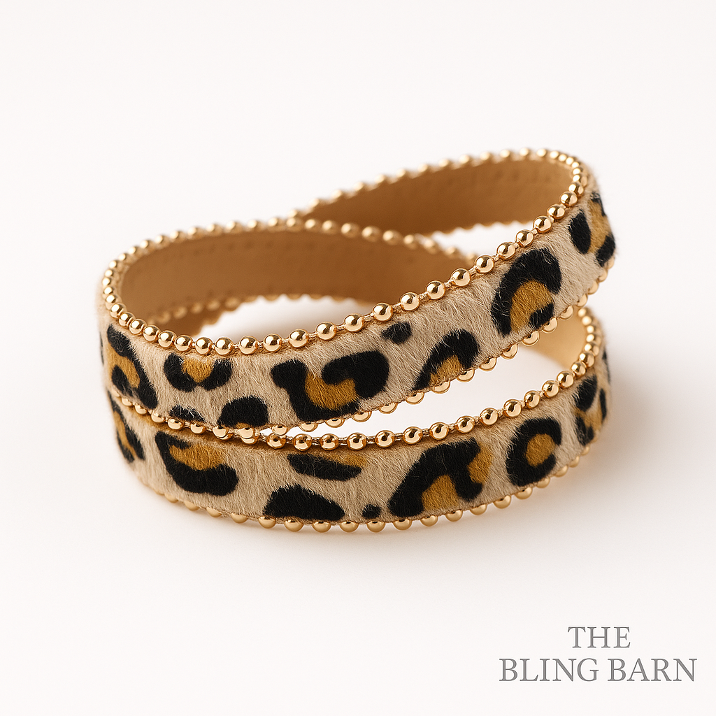 Wild Whisper Wrap Bracelet – Leopard Print Double Wrap with Gold Beaded Detail