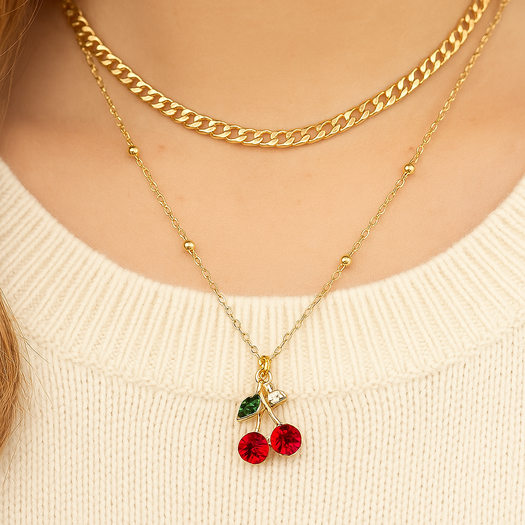 Cherry On Top Double Layer Rhinestone and Chains Necklace