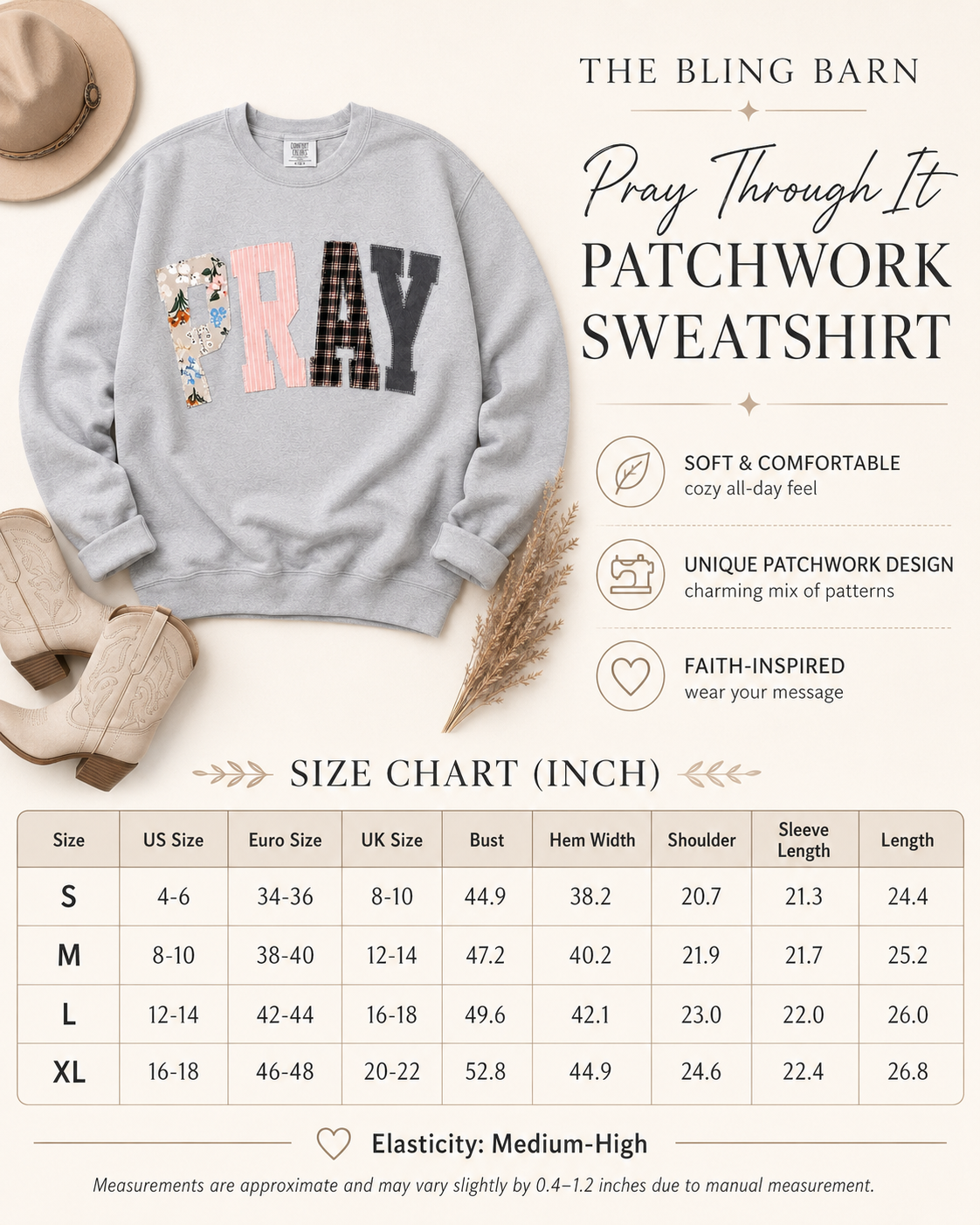 Pray Through It patchwork sweatshirt size chart showing garment measurements for sizes S through XL.