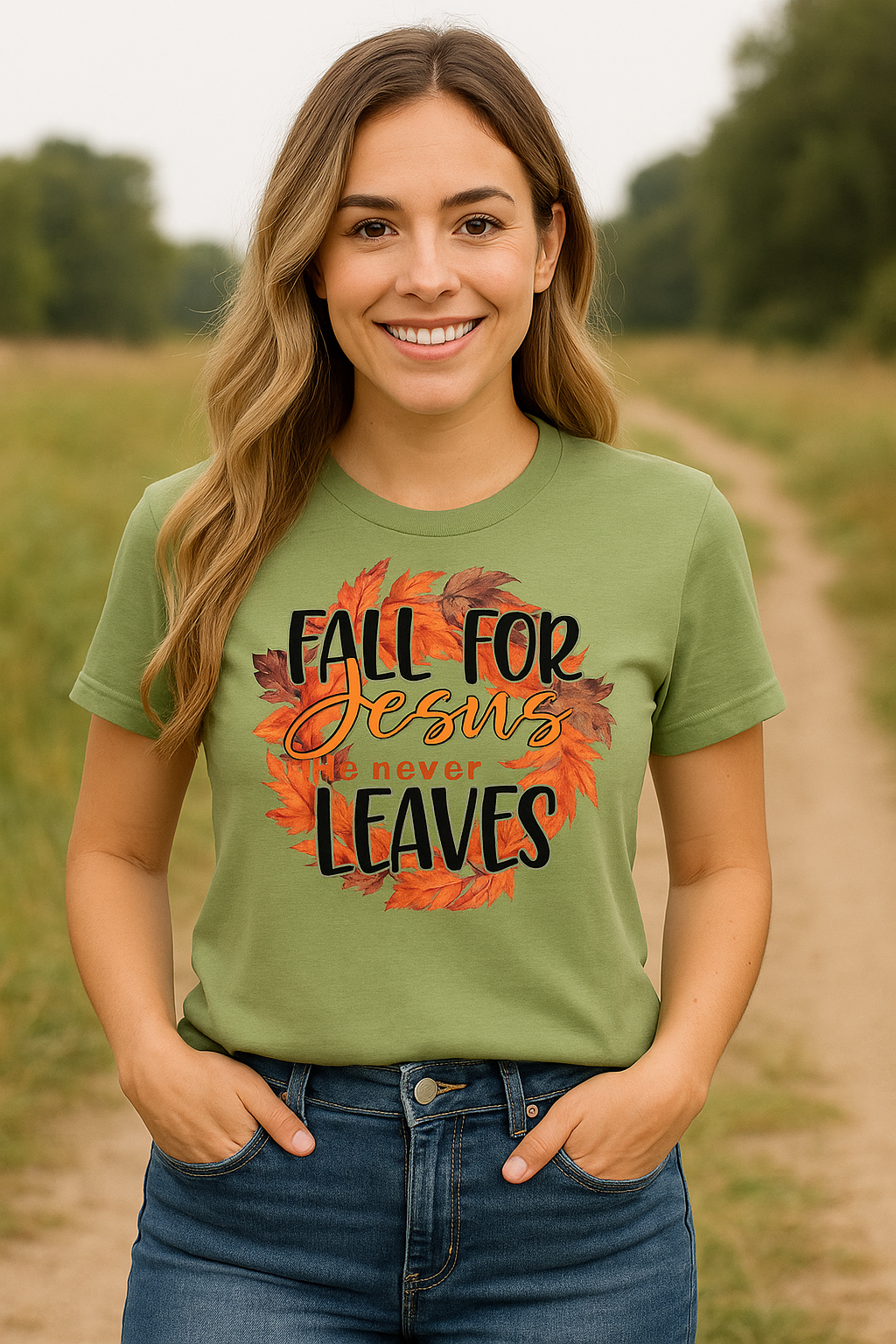 Fall For Jesus Because He Never Leaves Short Sleeve Graphic Tee
