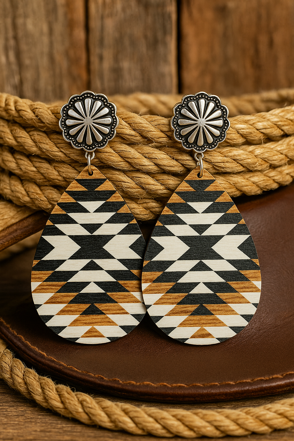 Lightweight Western Aztec Wood Earrings