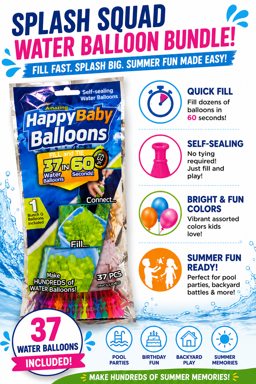 Splash Squad Quick-Fill Water Balloon Bundle | Self-Sealing Summer Water Balloons for Pool Parties, Backyard Fun & Family Games