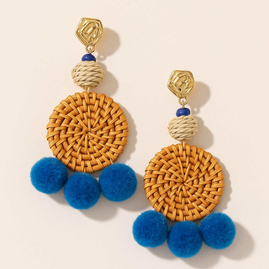 Over The Top Blue Pom and Weaved Circle Earrings