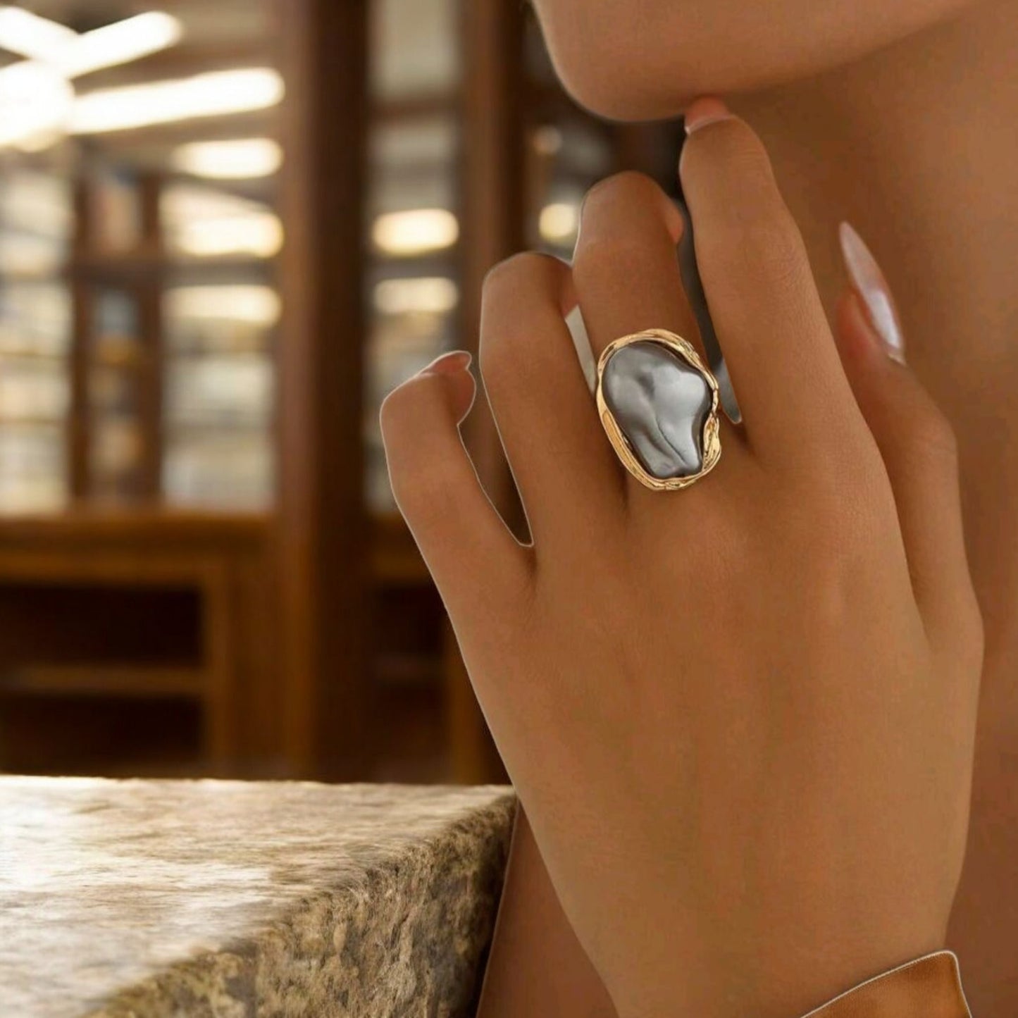 Uneven Statements Adjustable Faux Pearl Fashion Ring