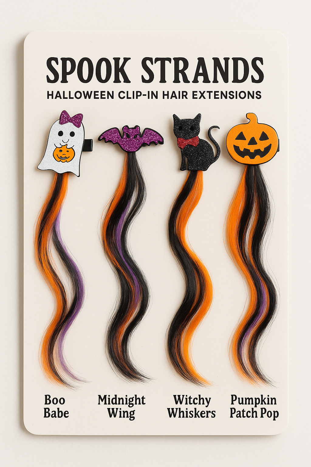 Spook Strands Halloween Clip-In Hair Extensions – Ghost, Bat, Cat & Pumpkin