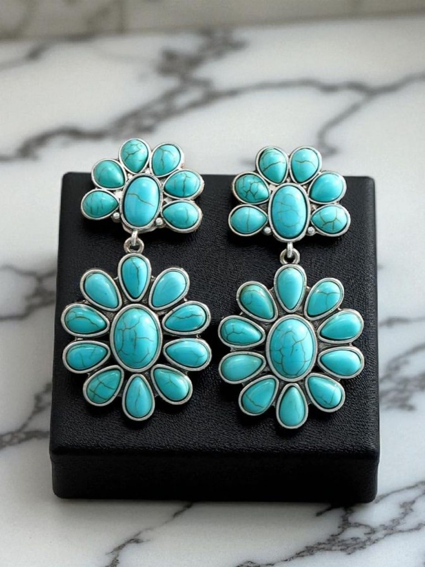 Double Daisy Drop Earrings — Turquoise & Silver Tones
