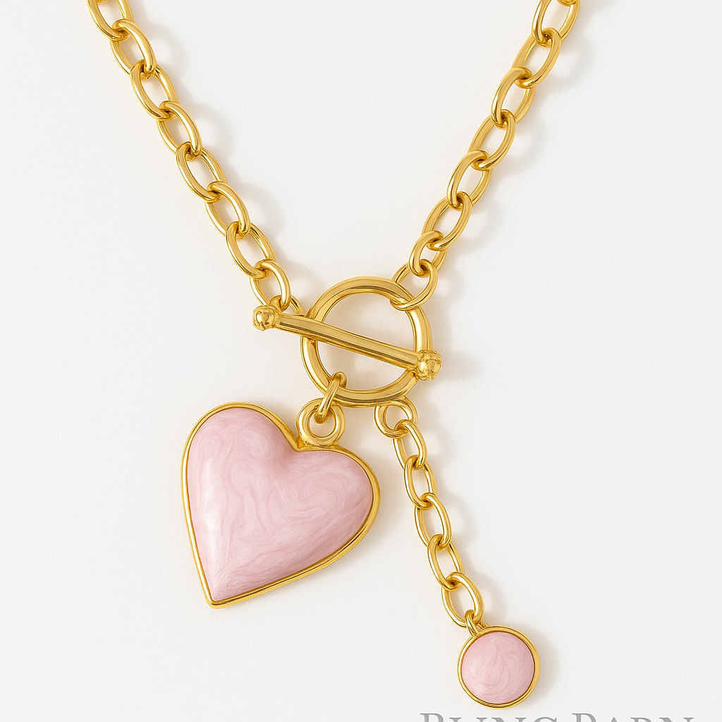 Locked In Love Charm Necklace – Gold Heart Toggle Chain (Red & Pink Options)