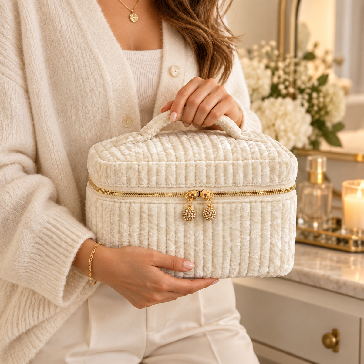 The Velvet Hour Vanity Case – Quilted Cosmetic Organizer