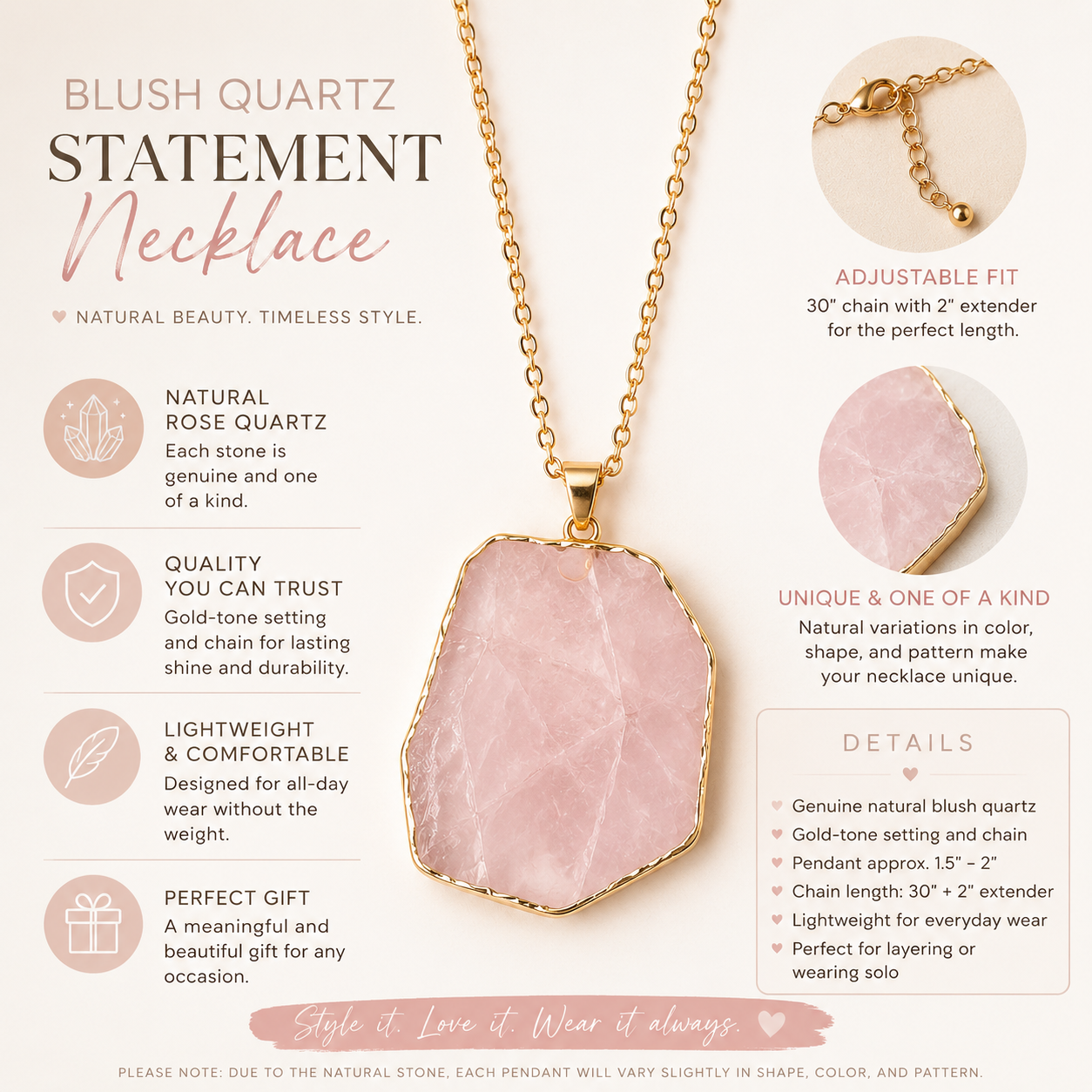 Blush Quartz Statement Pendant Necklace