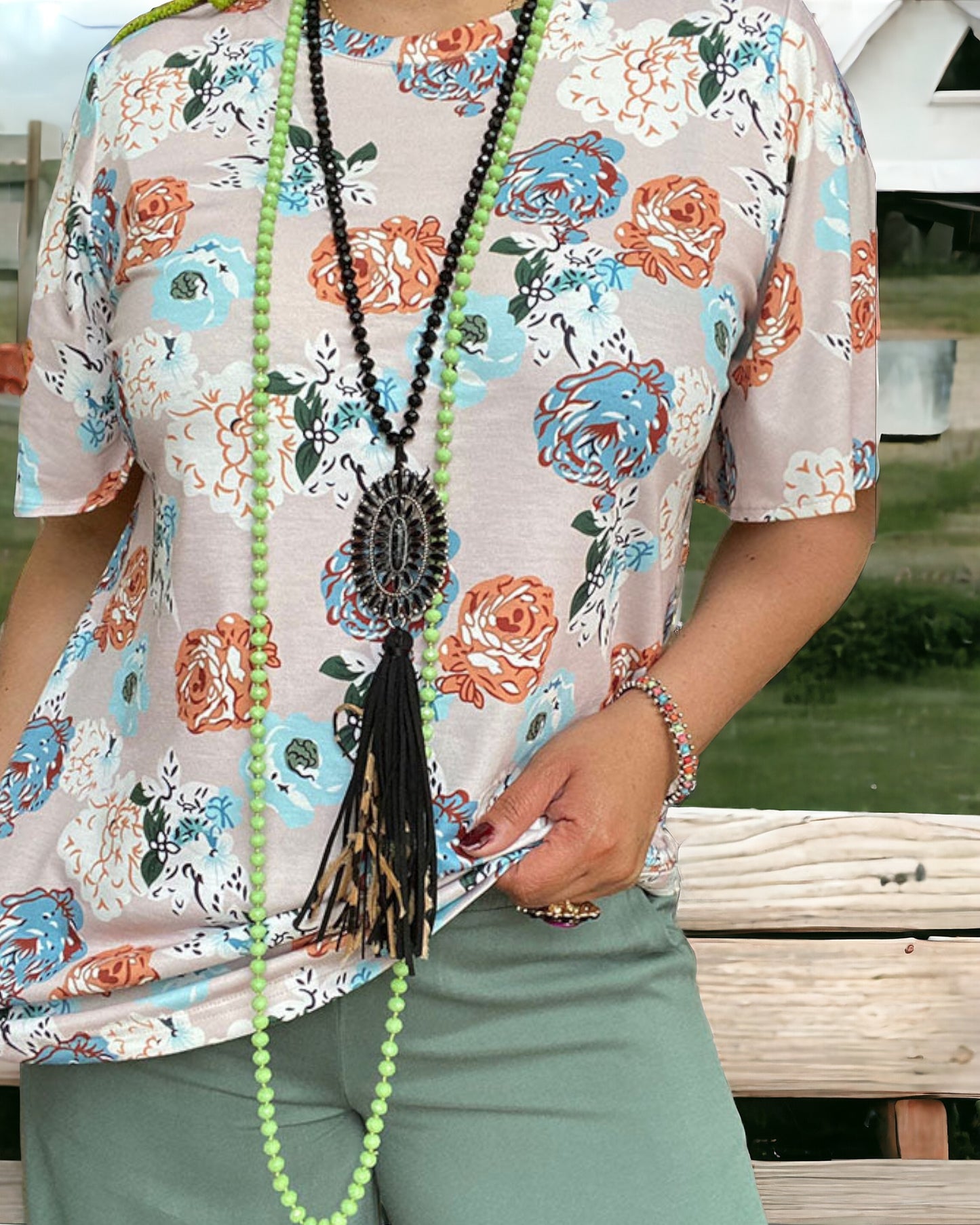 Neutral Western Floral Short Sleeve Top