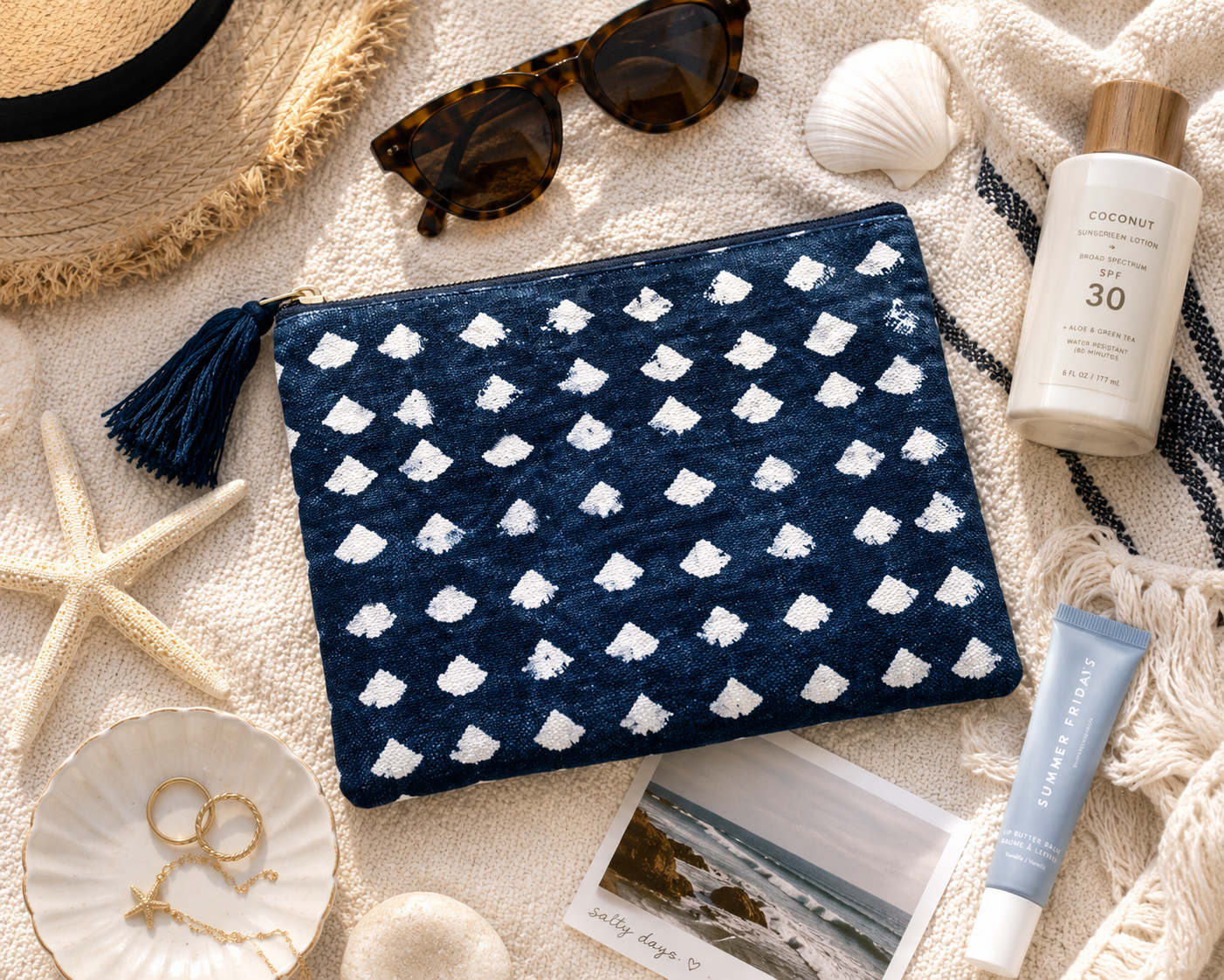 Indigo Tide Zip Pouch | Navy & White Cotton Cosmetic Bag