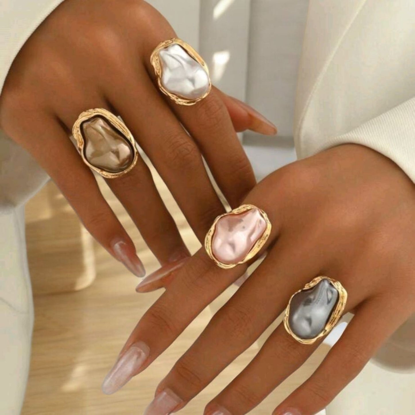 Uneven Statements Adjustable Faux Pearl Fashion Ring