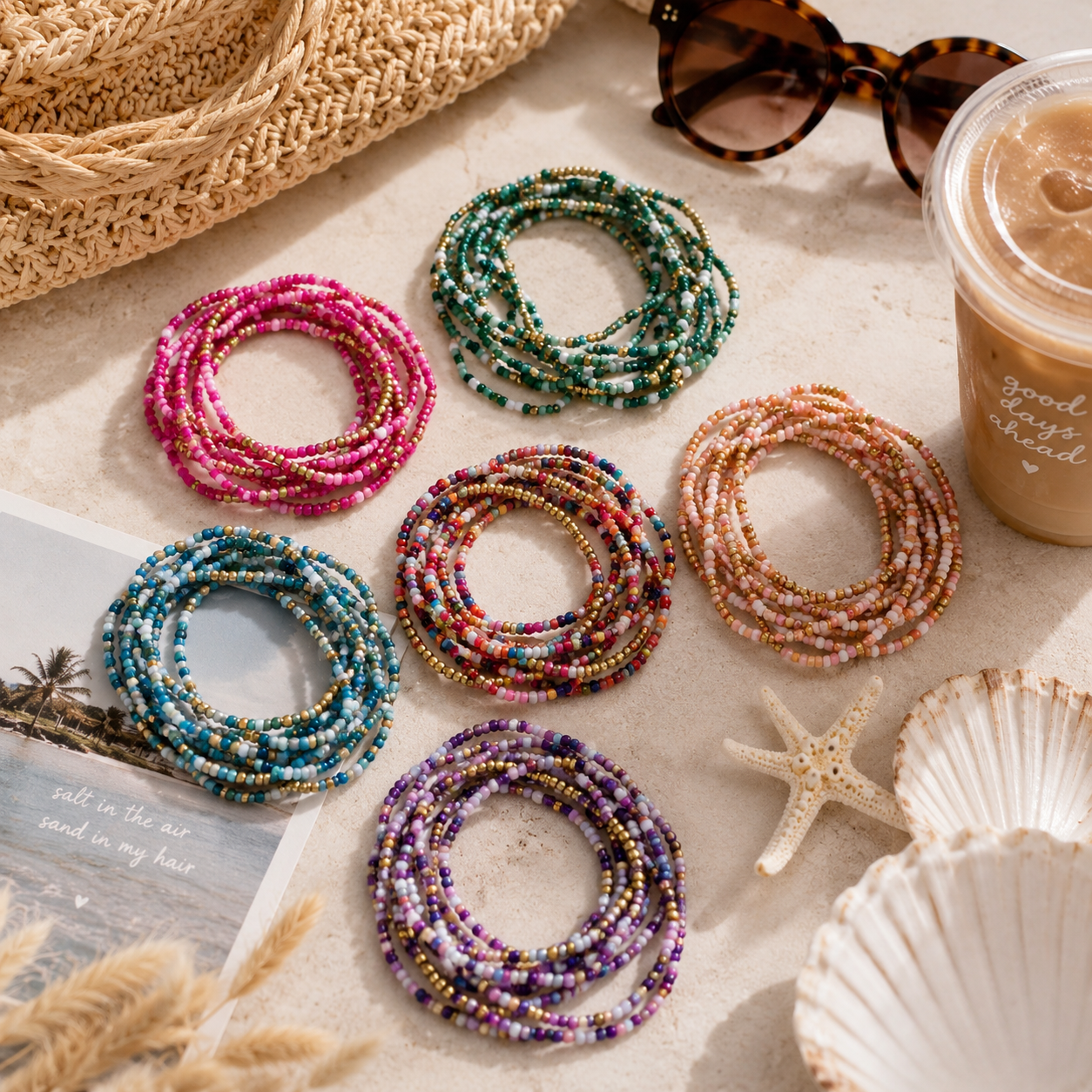 Coastal Color Seed Bead Bracelet Set 8 Piece Stretch Stack