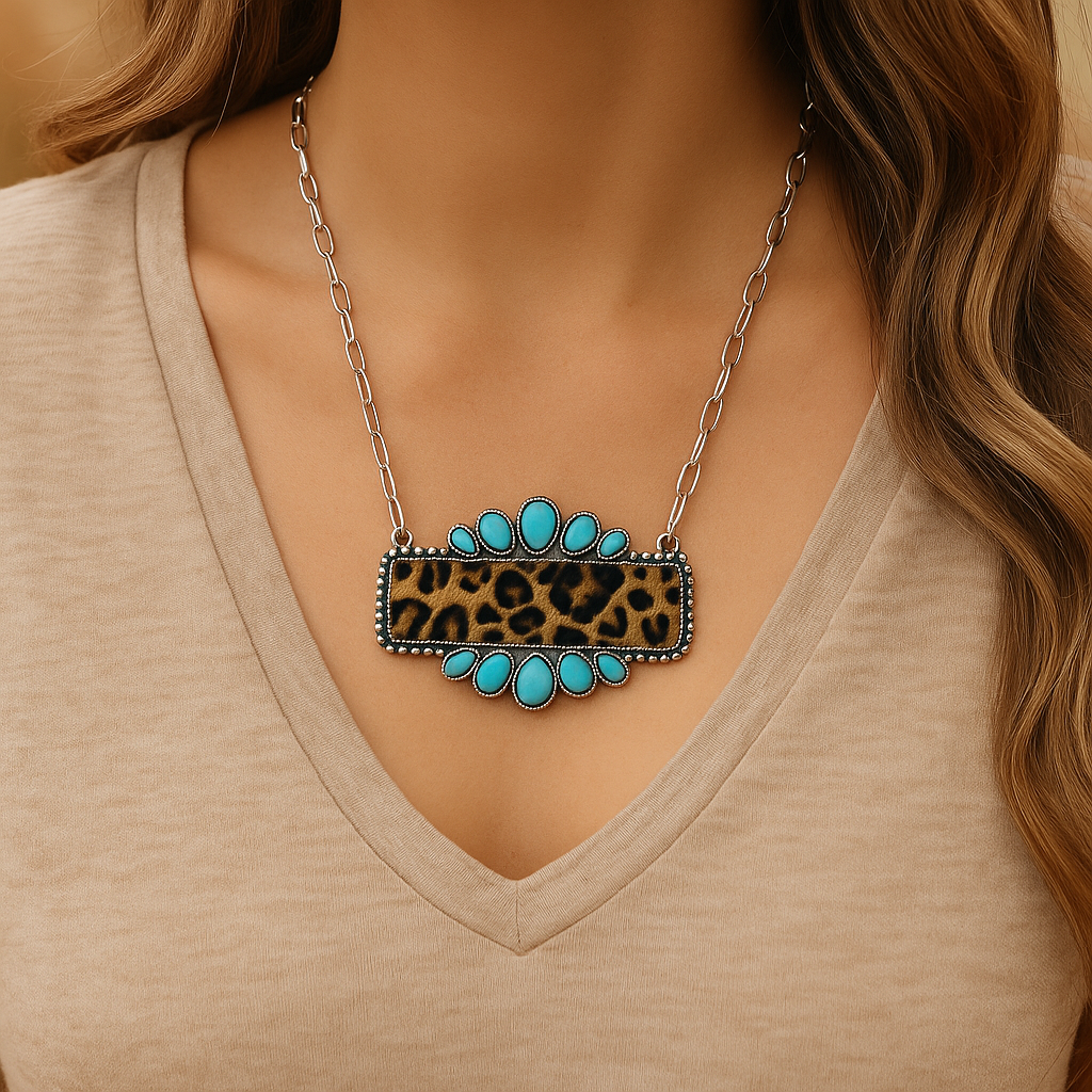 Sunset Standoff Necklace – Turquoise & Leopard Western Statement Piece