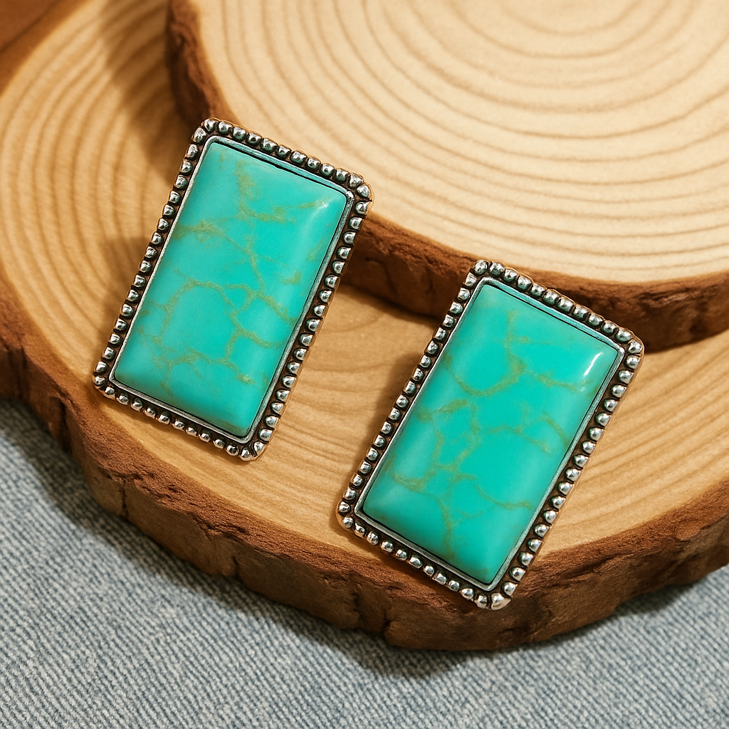 Vintage Love At The Rodeo Rectangular Post Back Crackle Stone Earrings
