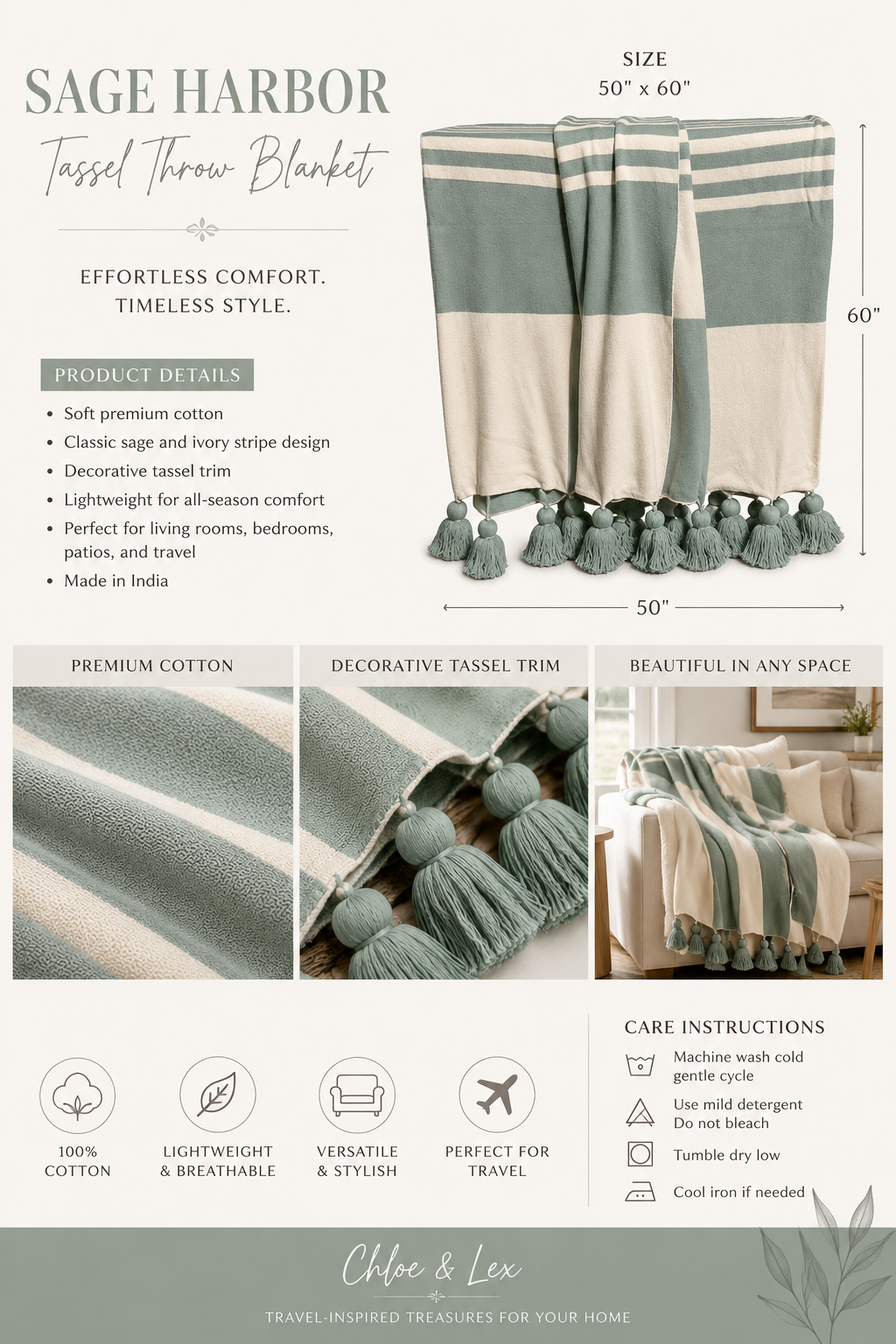 Sage Harbor Tassel Throw Blanket