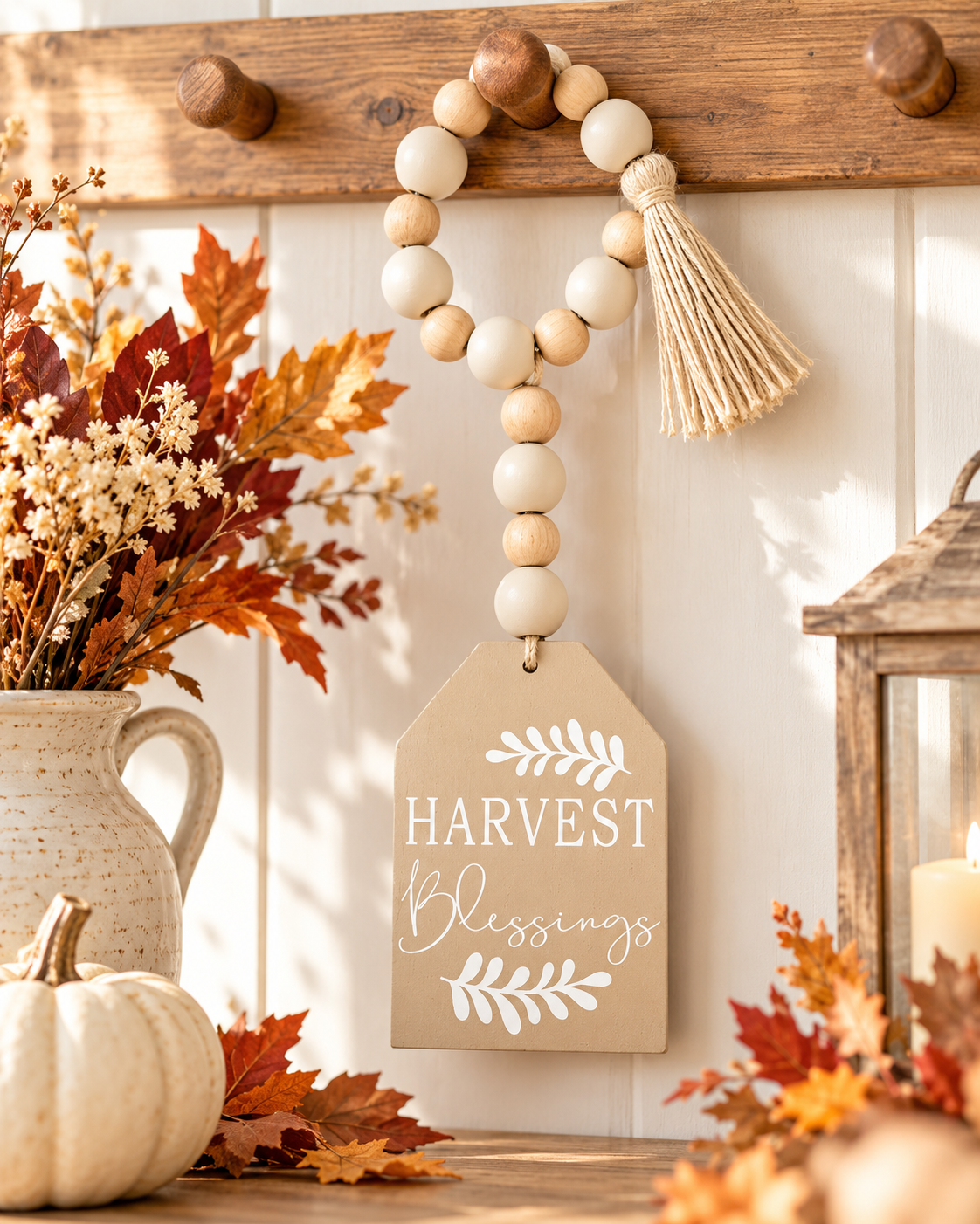 Harvest Blessings Beaded Fall Door Hanger – Neutral Thanksgiving Decor