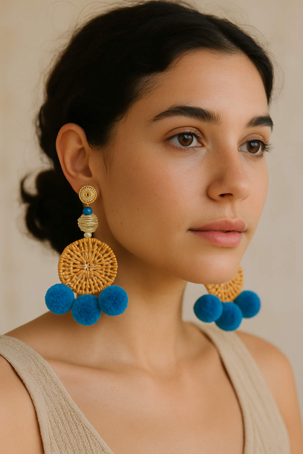 Over The Top Blue Pom and Weaved Circle Earrings