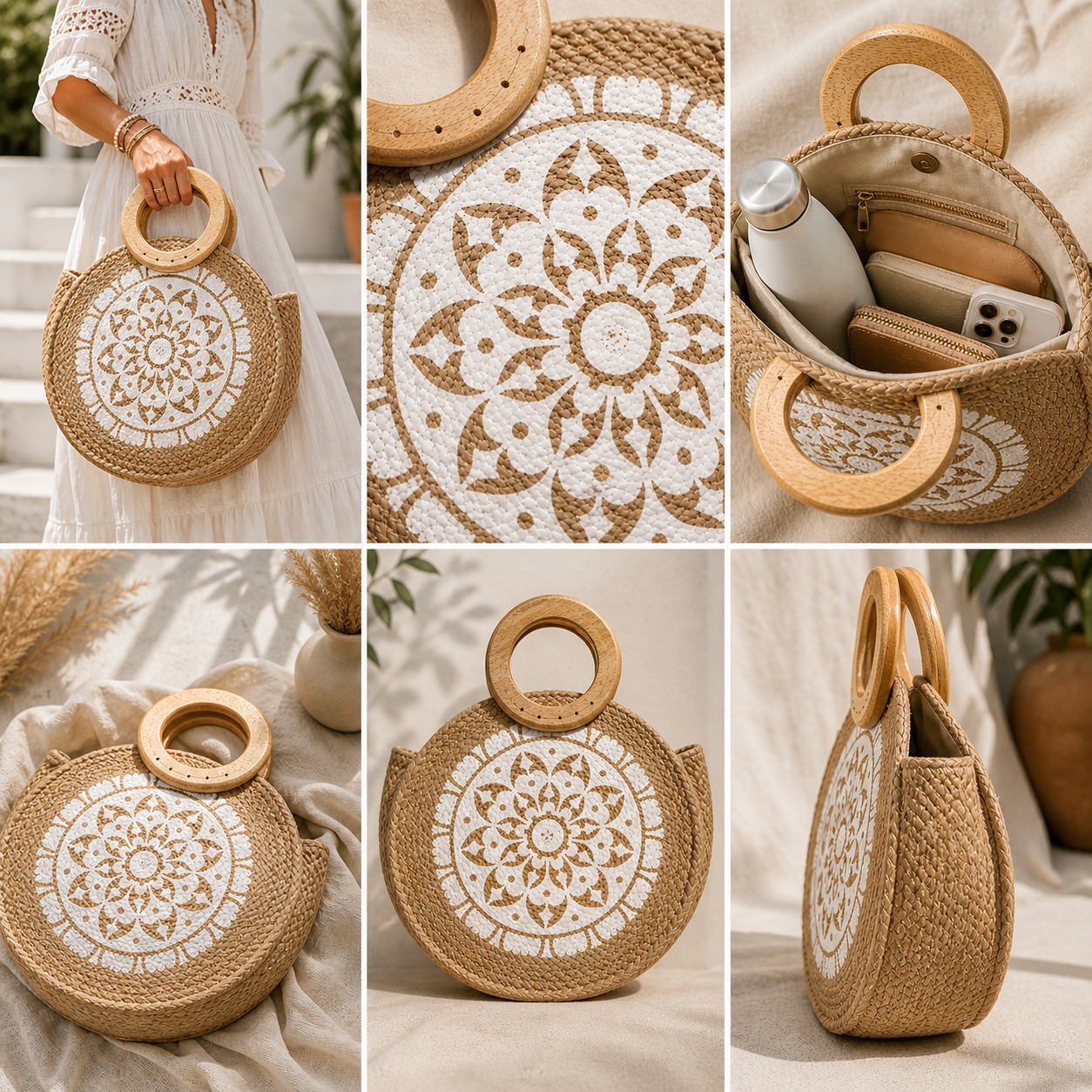 Santorini Round Jute Tote – Wooden Handle Coastal Bag