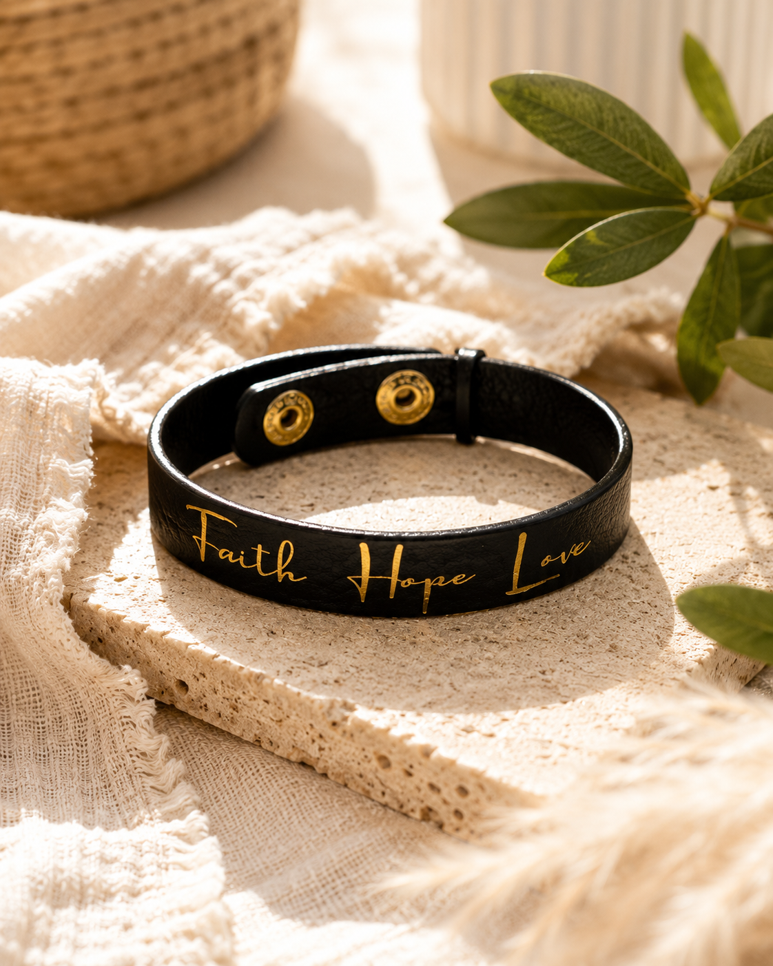 Faith Hope Love Leather Snap Bracelet | Black Faux Leather Inspirational Cuff