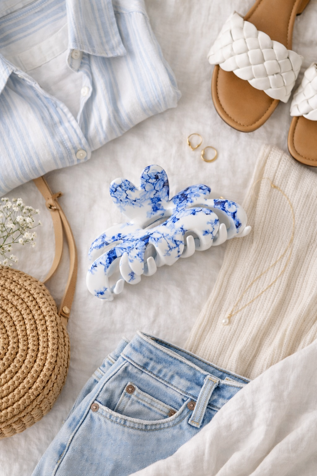 Blue Porcelain Bloom Claw Clip β Coastal Floral Hair Clip Medium Glossy Everyday Hair Clip