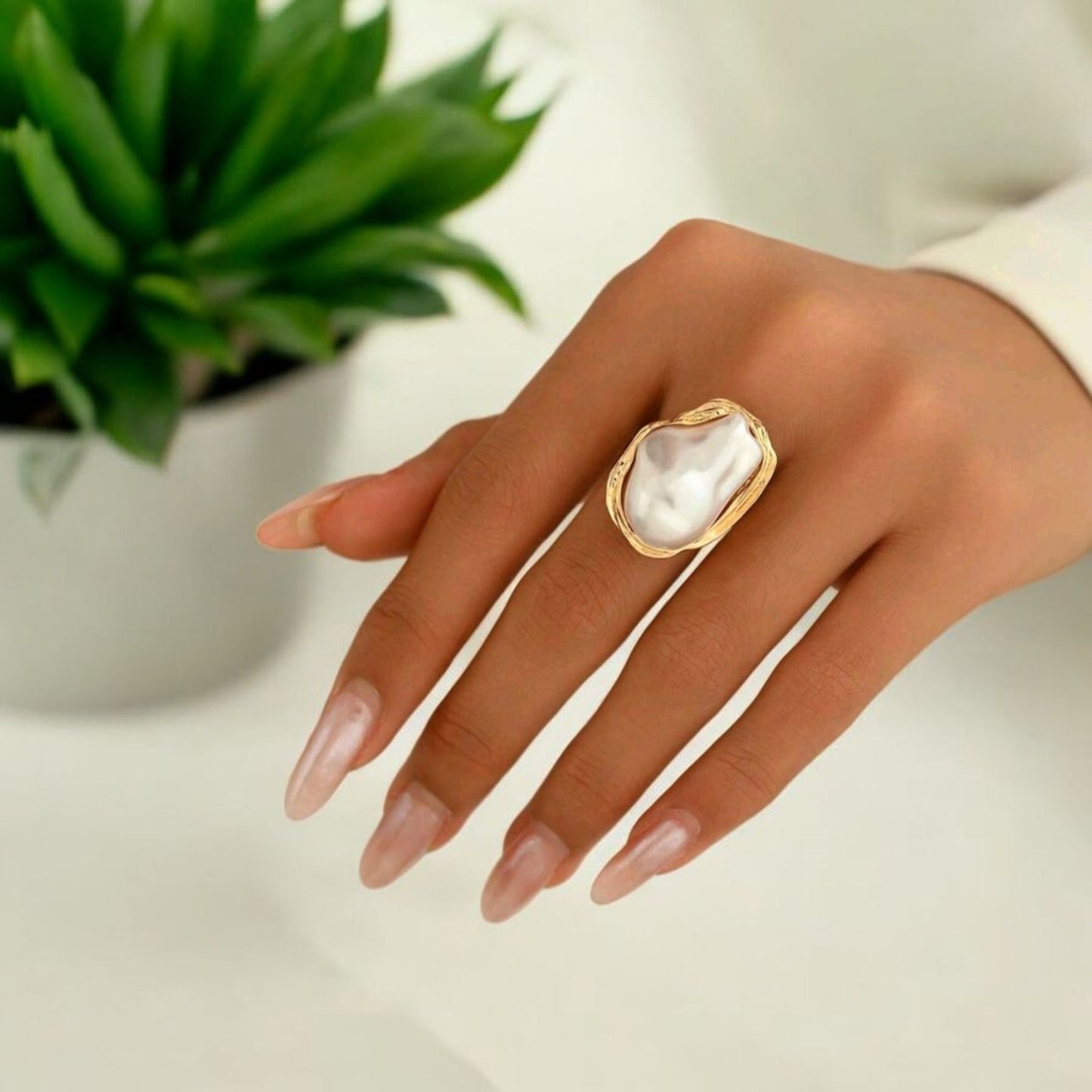 Uneven Statements Adjustable Faux Pearl Fashion Ring
