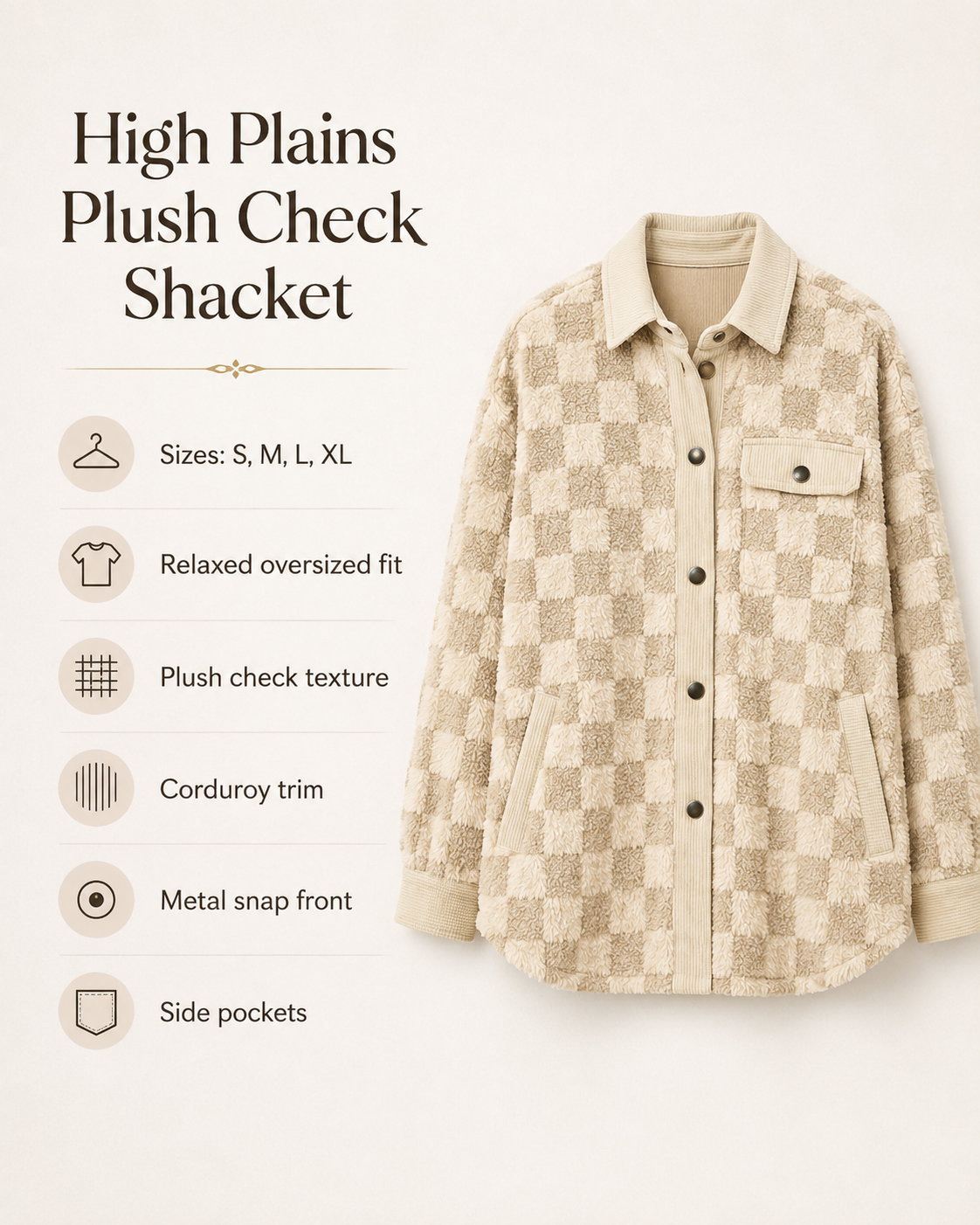 High Plains Plush Check Shacket size and fit graphic showing sizes S through XL, plush check texture, corduroy trim, metal snap front, and side pockets.