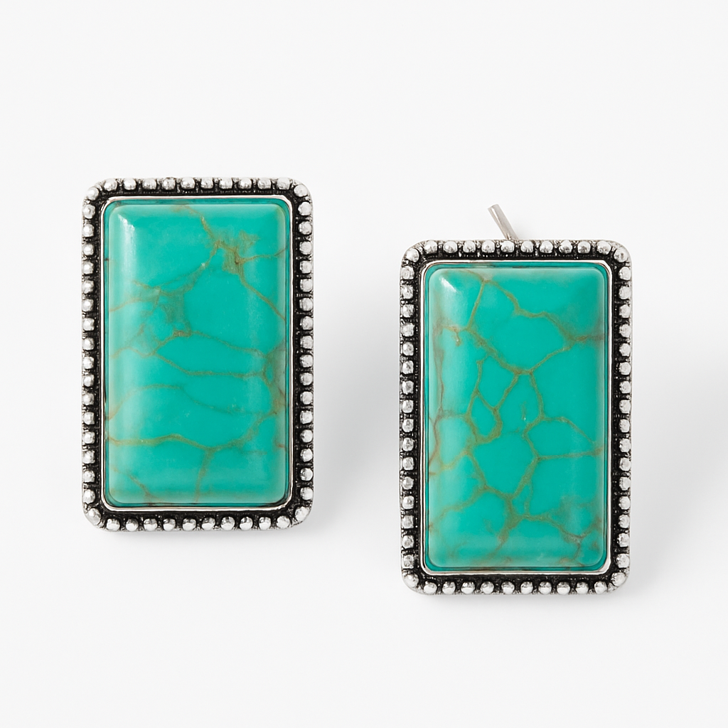 Vintage Love At The Rodeo Rectangular Post Back Crackle Stone Earrings