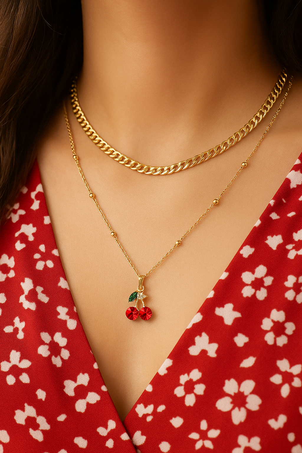 Cherry On Top Double Layer Rhinestone and Chains Necklace