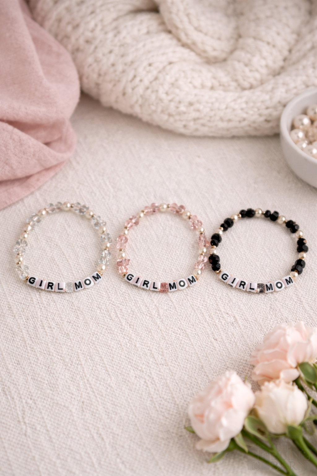 Girl Mom Beaded Stretch Bracelet – Pearl & Faceted Glass Mom Bracelet