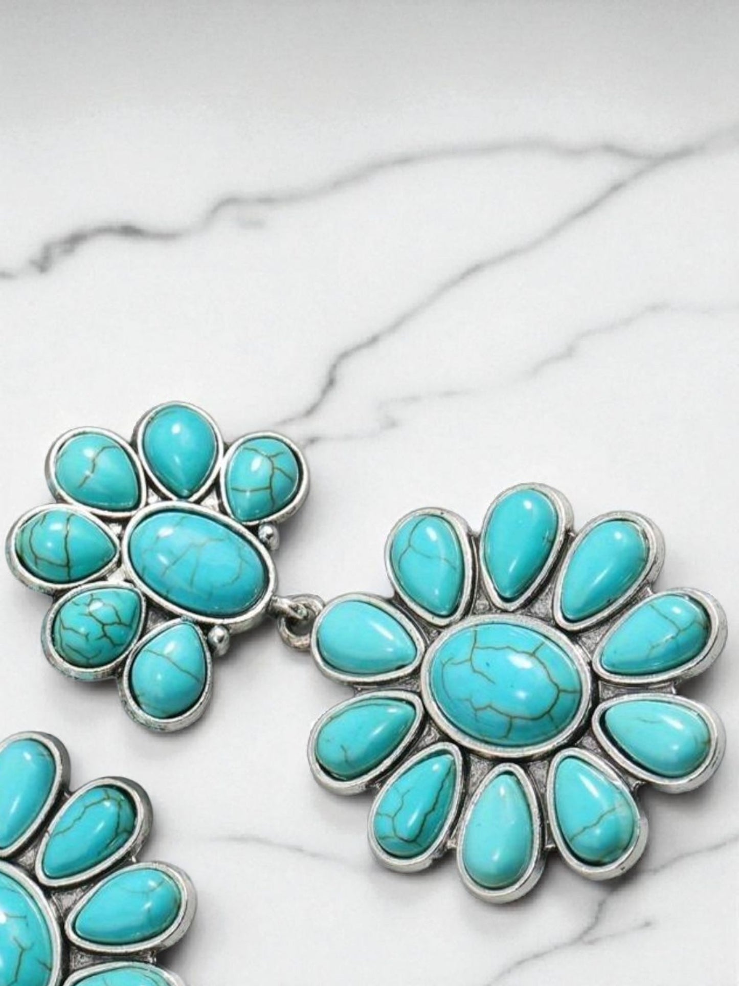 Double Daisy Drop Earrings — Turquoise & Silver Tones
