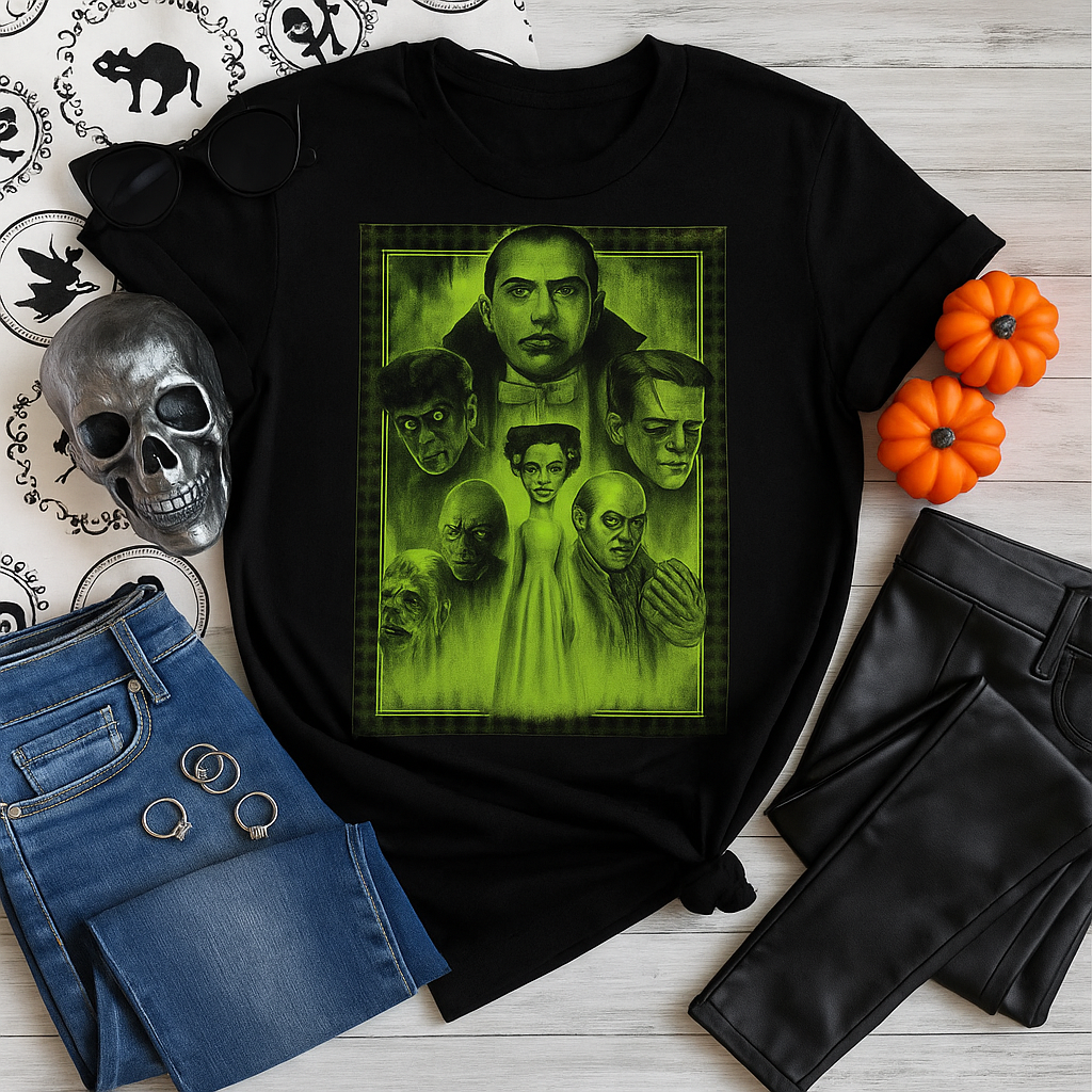 Glow in the dark Halloween monster graphic tee shirt with spooky characters on black Bella Canvas fabric