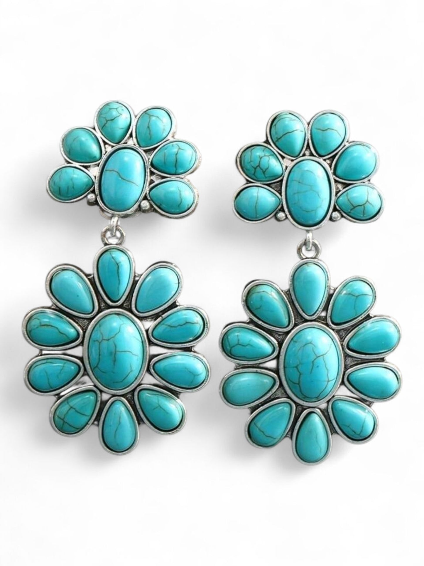 Double Daisy Drop Earrings — Turquoise & Silver Tones