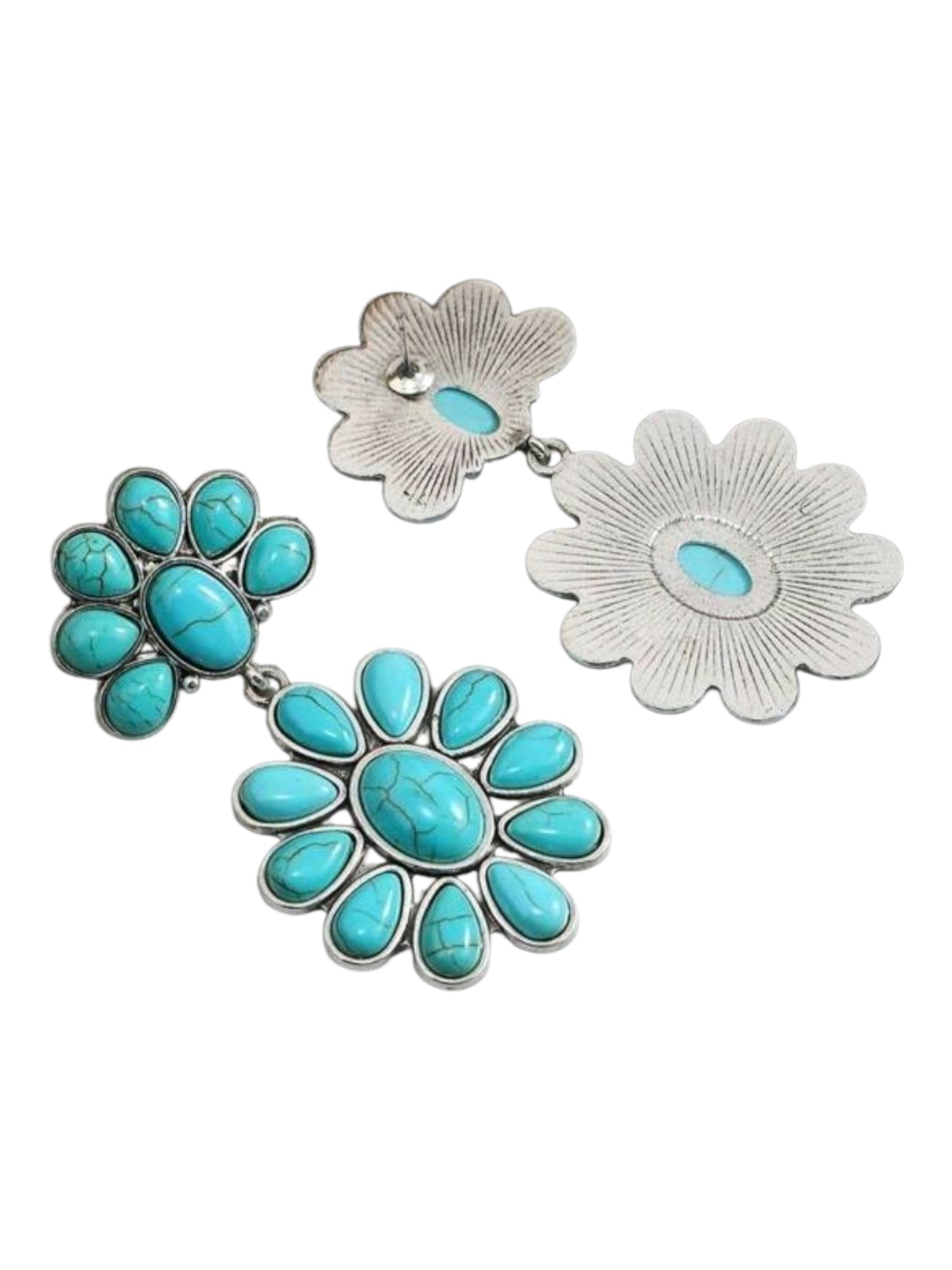 Double Daisy Drop Earrings — Turquoise & Silver Tones