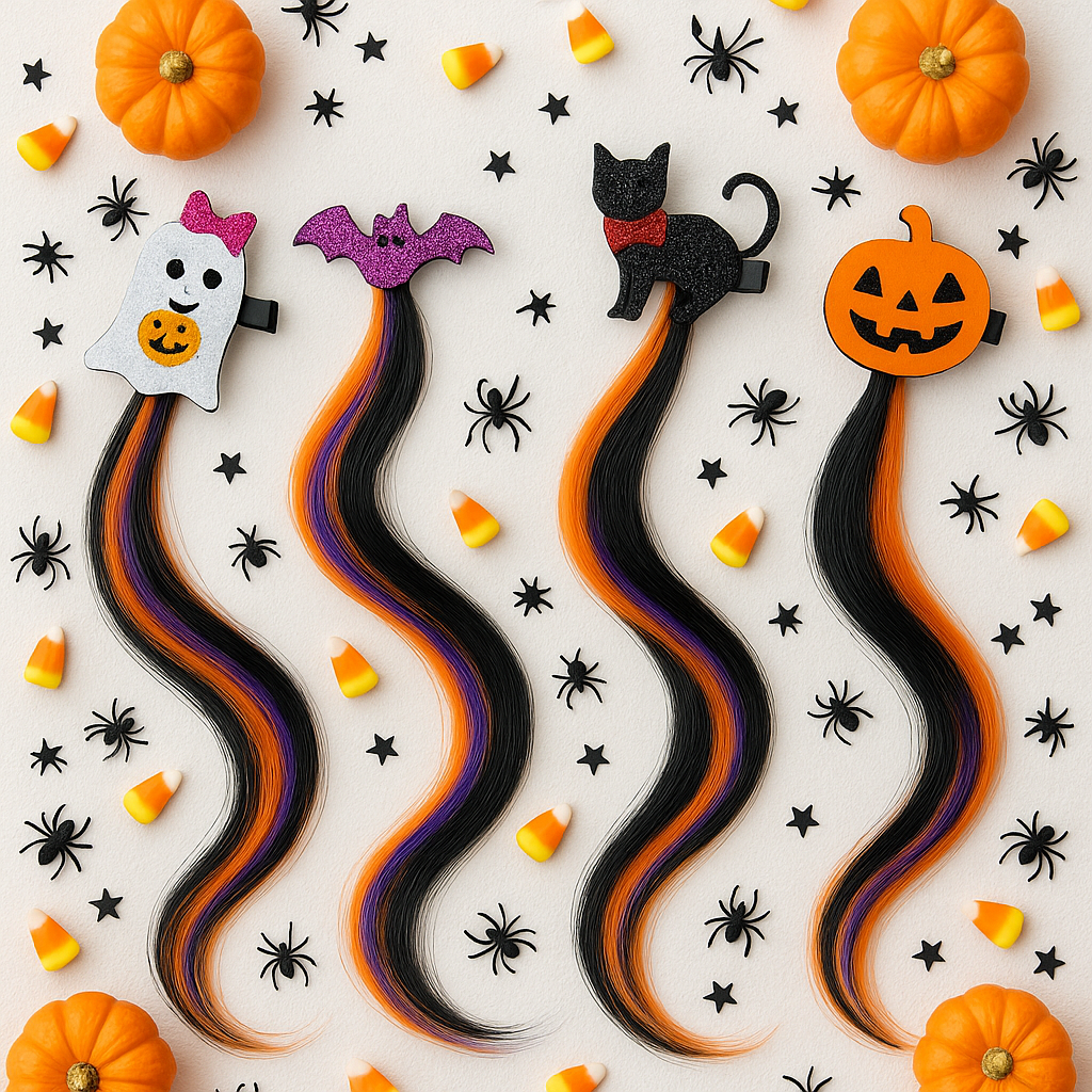 Spook Strands Halloween Clip-In Hair Extensions – Ghost, Bat, Cat & Pumpkin