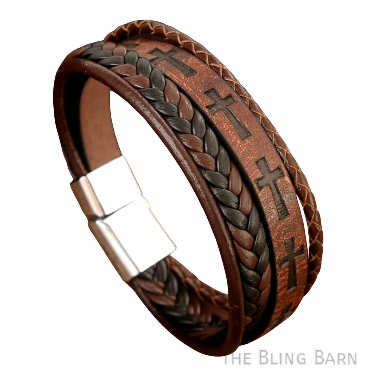 Crossroads Leather Wrap Bracelet – Rustic Faith Braided Leather Bracelet for Men & Women