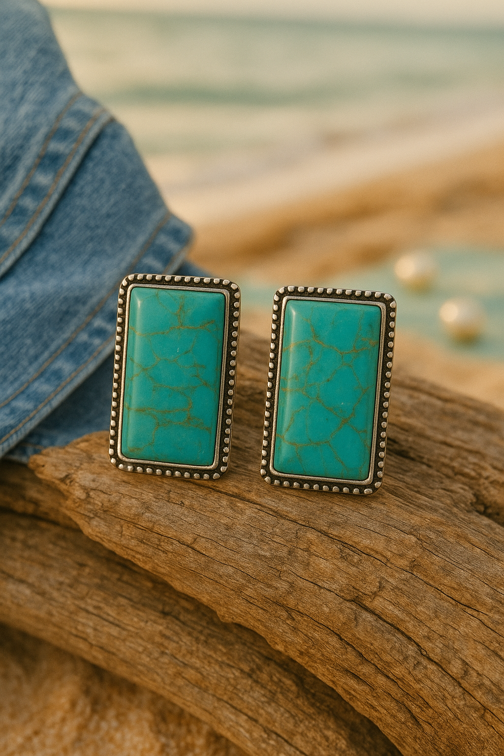 Vintage Love At The Rodeo Rectangular Post Back Crackle Stone Earrings