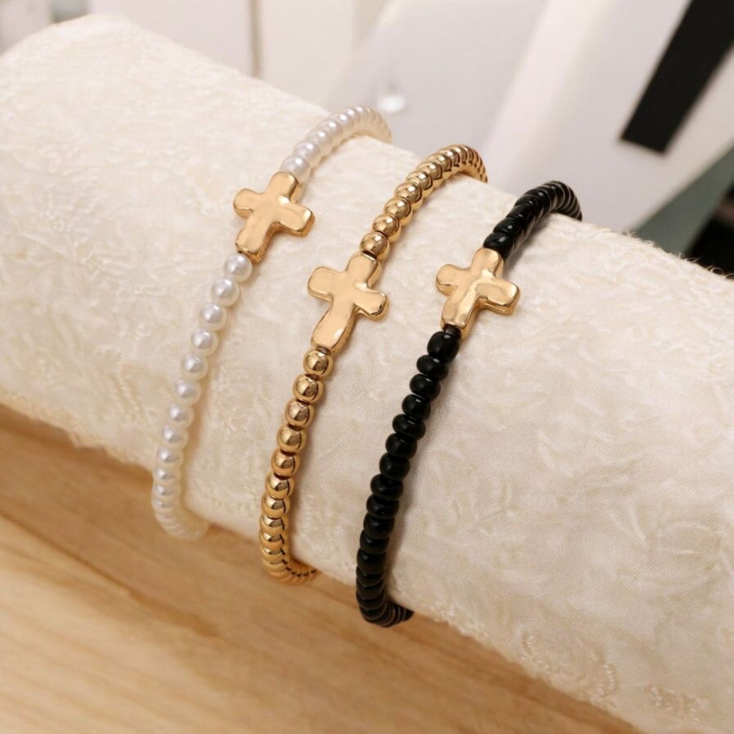 Simply Stated Beaded Dainty Cross Bracelets