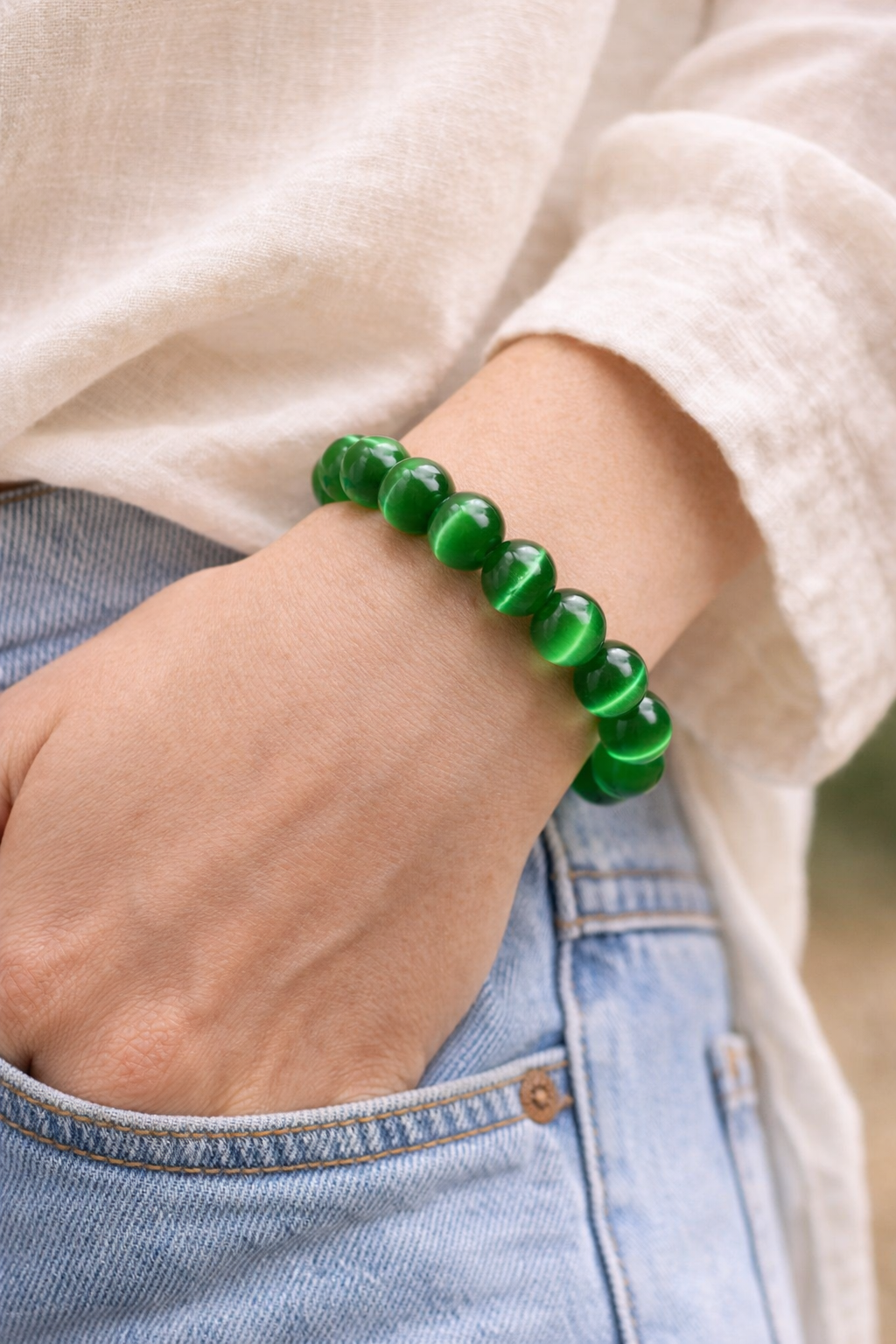 Emerald Glow 10mm Beaded Bracelet
