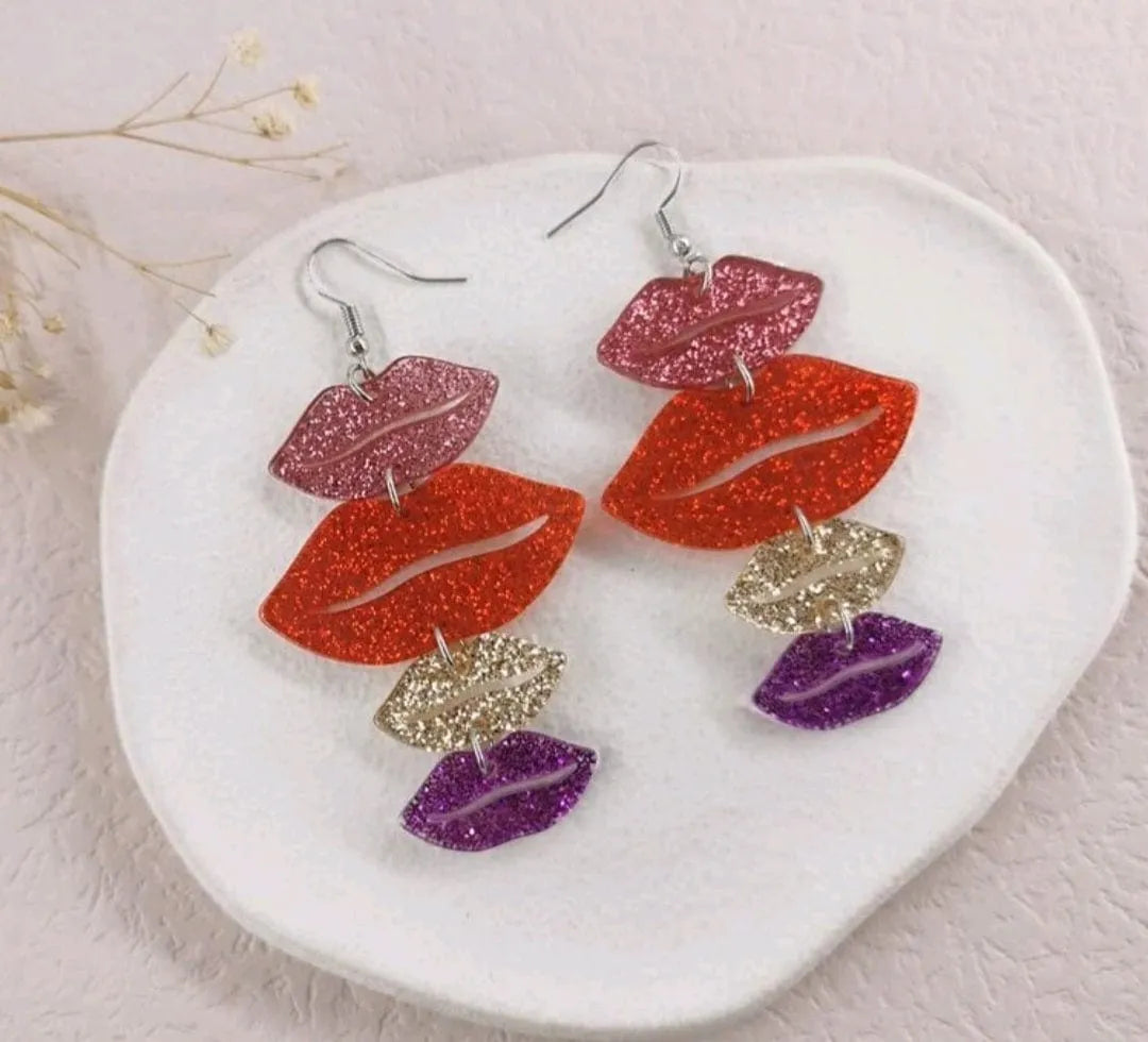 Glitter Sparkle Drop Lip Earrings - The Bling Barn