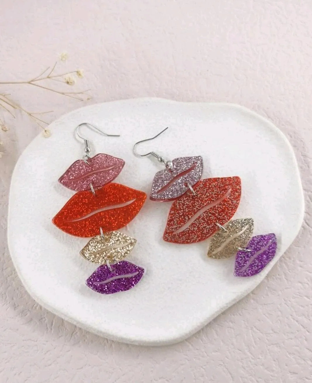 Glitter Sparkle Drop Lip Earrings - The Bling Barn