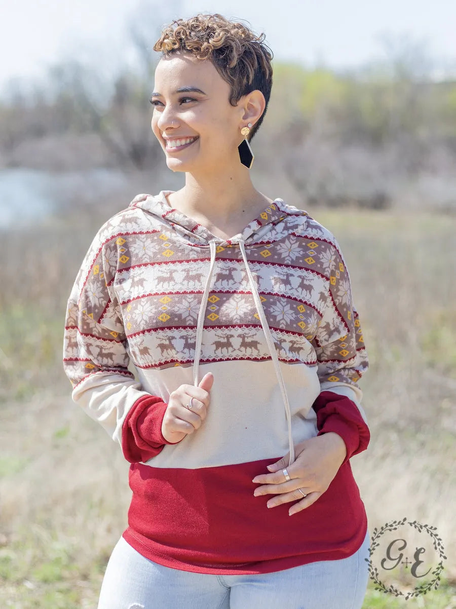 Hiddin' Between The Reindeer Pullover Hoodie With Balloon Sleeve - The Bling Barn western fashion jewelry