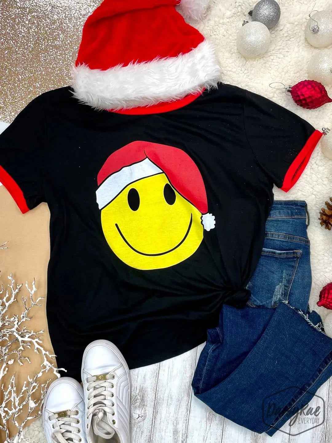 Smiley Face With Santa Hat Short Sleeve Top - The Bling Barn