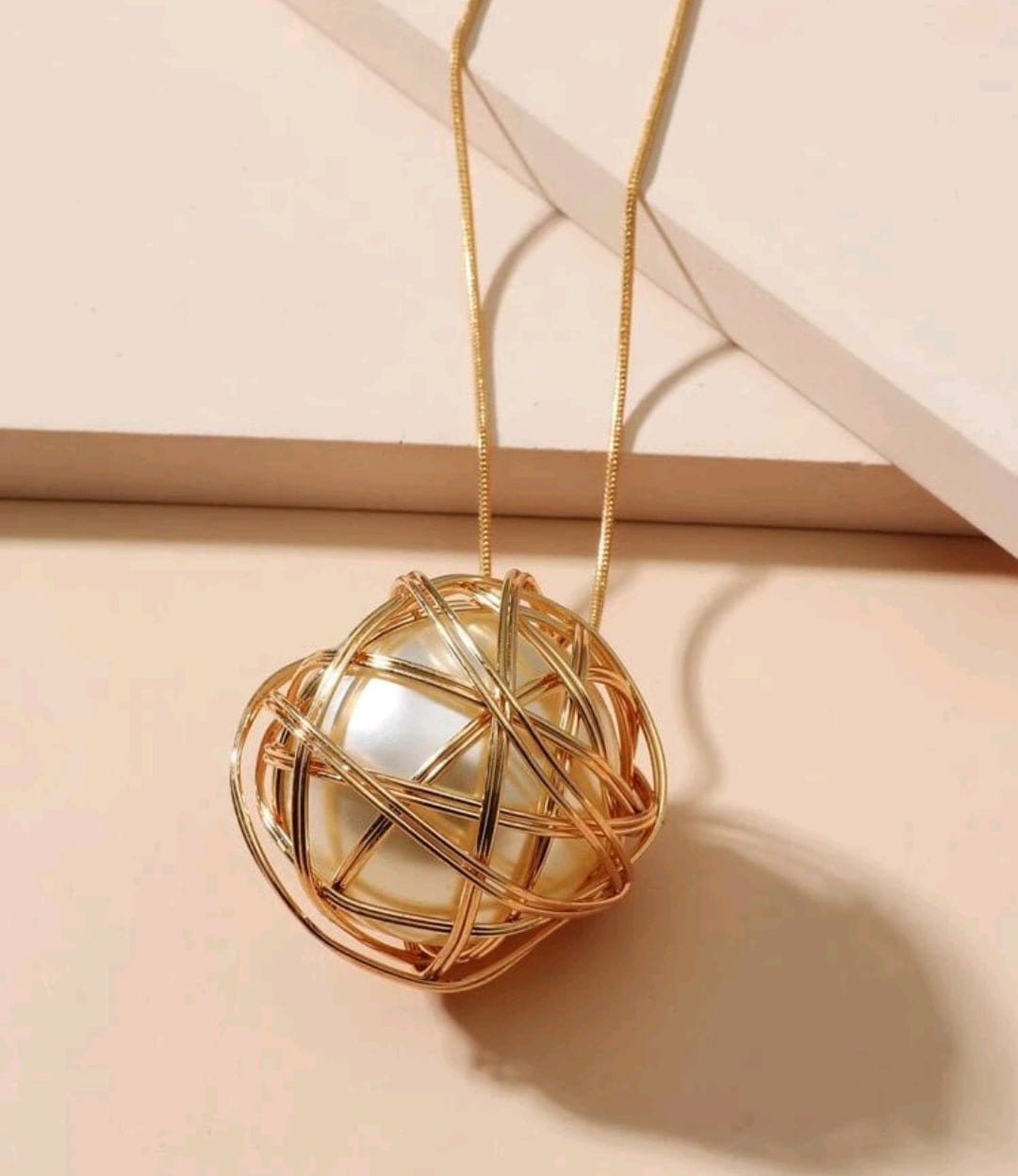 Gold Wire Wrapped Oversized Faux Pearl Long Chain Necklace - The Bling Barn