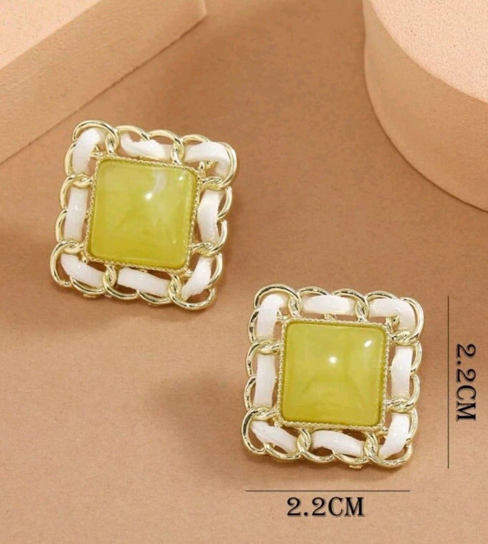 Ribbon And Gems Square Earrings In Yellow-Green - The Bling Barn
