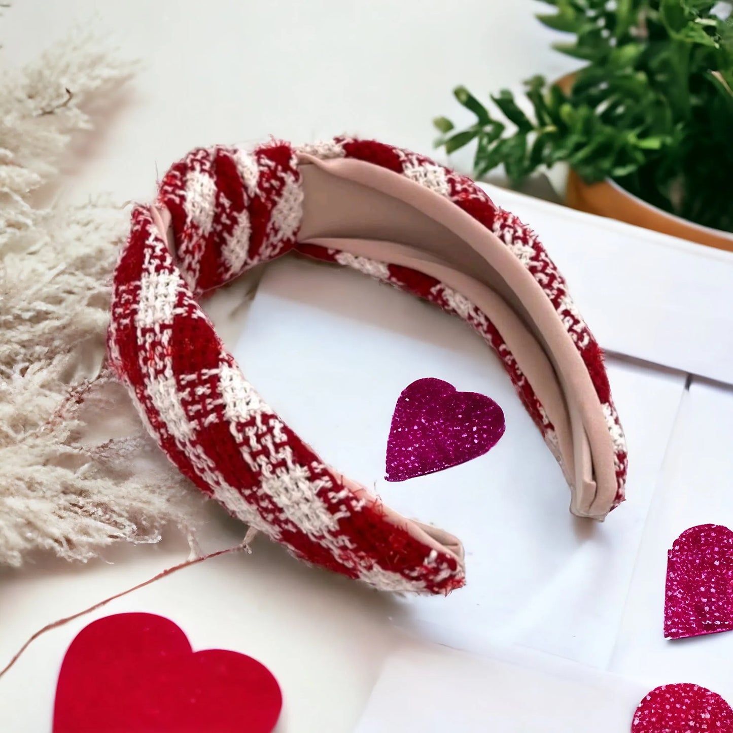 Red Oversized Top Knot Gingham Headband